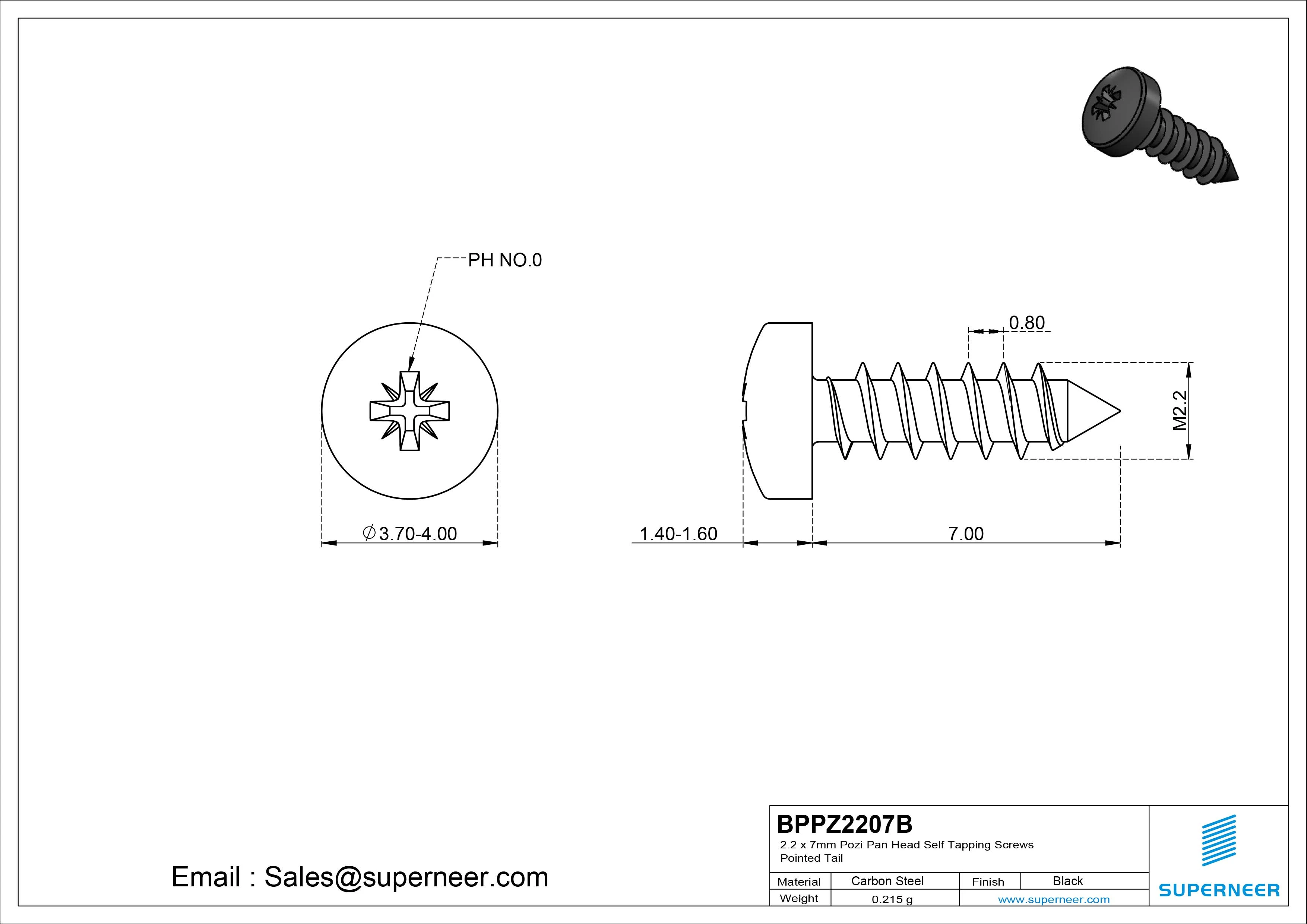 2.2 x 7mm Pozi Pan Head Self Tapping Screws Pointed Tail Steel Black Zinc Plated