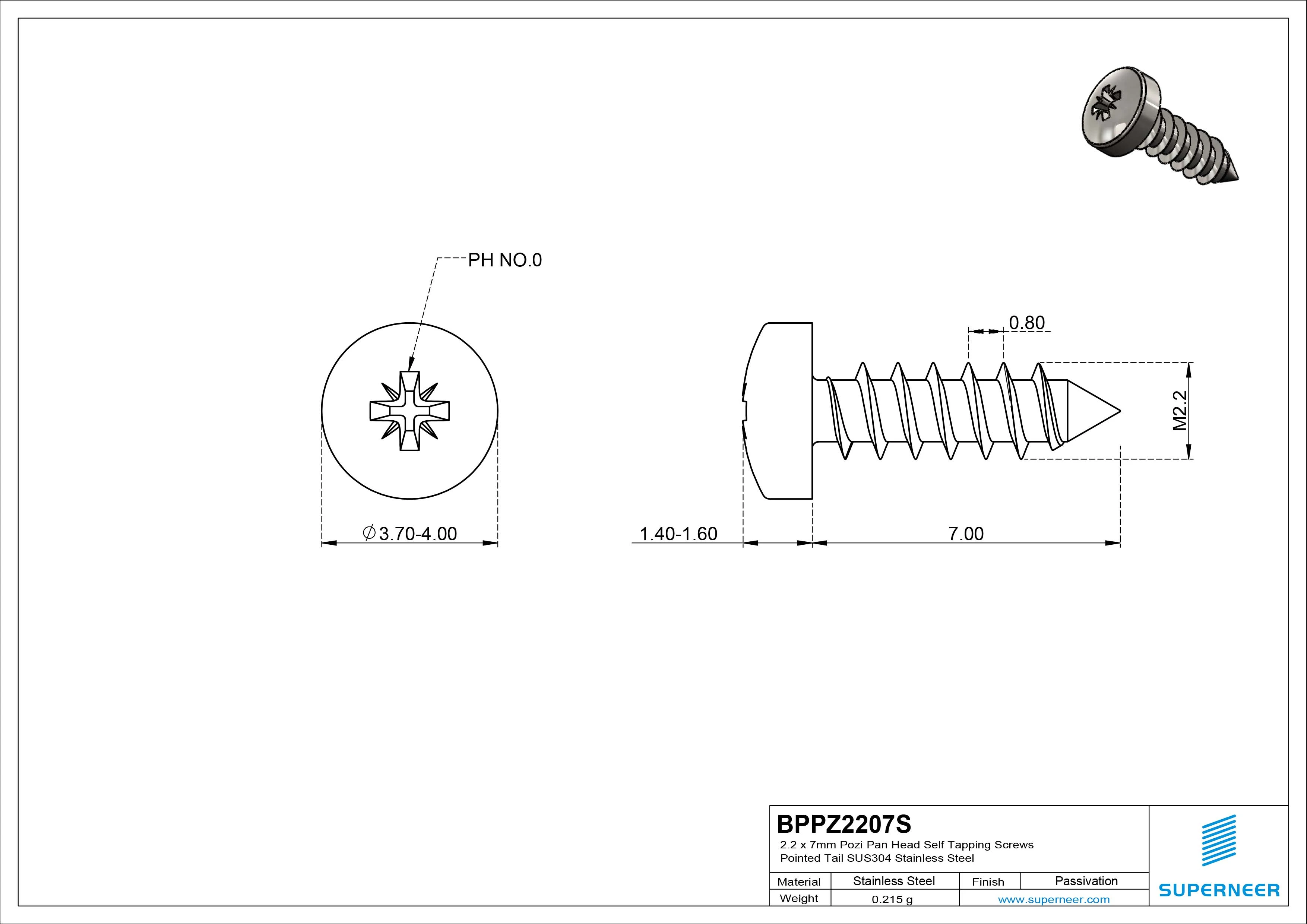 2.2 x 7mm Pozi Pan Head Self Tapping Screws Pointed Tail SUS304 Stainless Steel