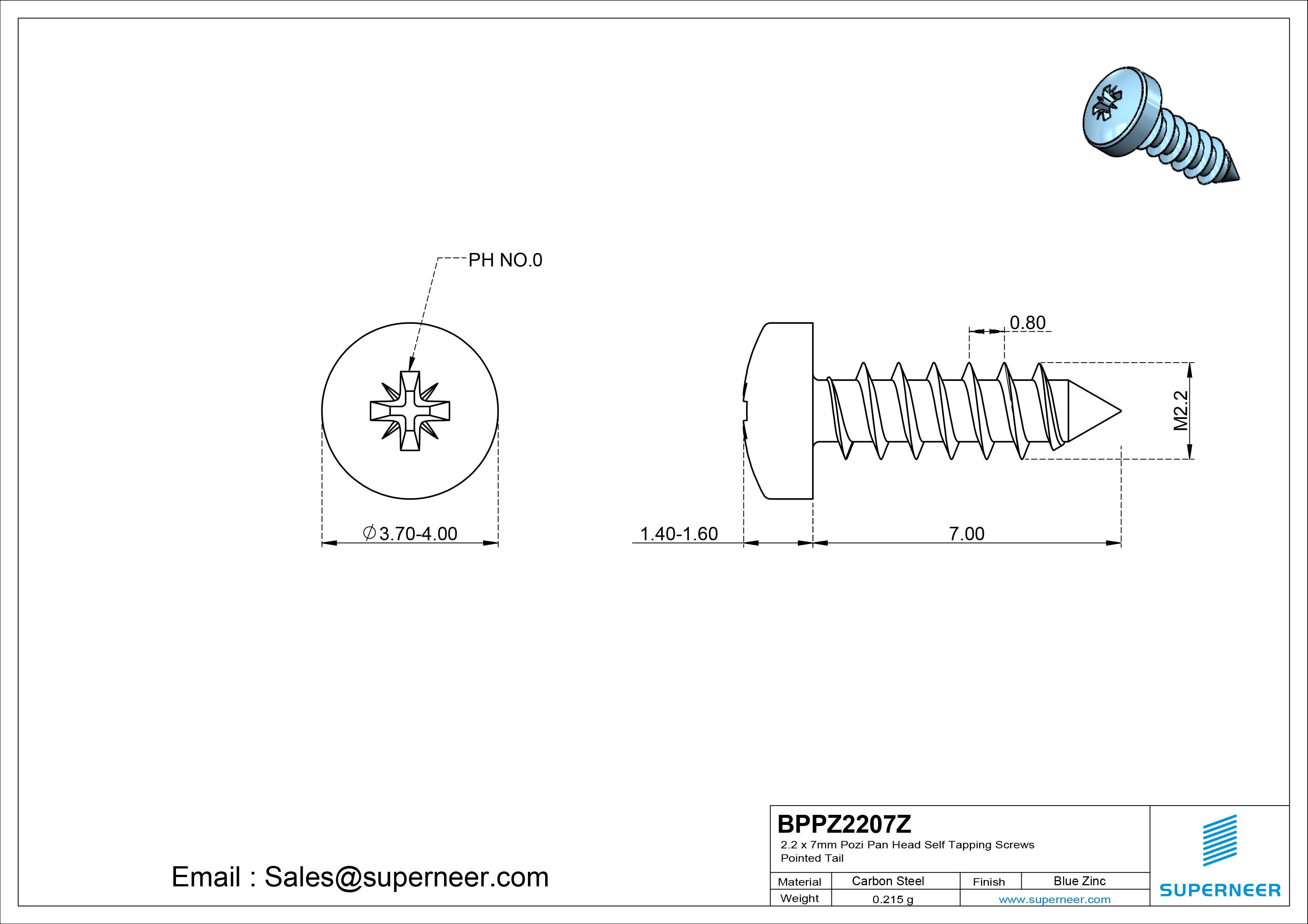 2.2 x 7mm Pozi Pan Head Self Tapping Screws Pointed Tail Steel Blue Zinc Plated