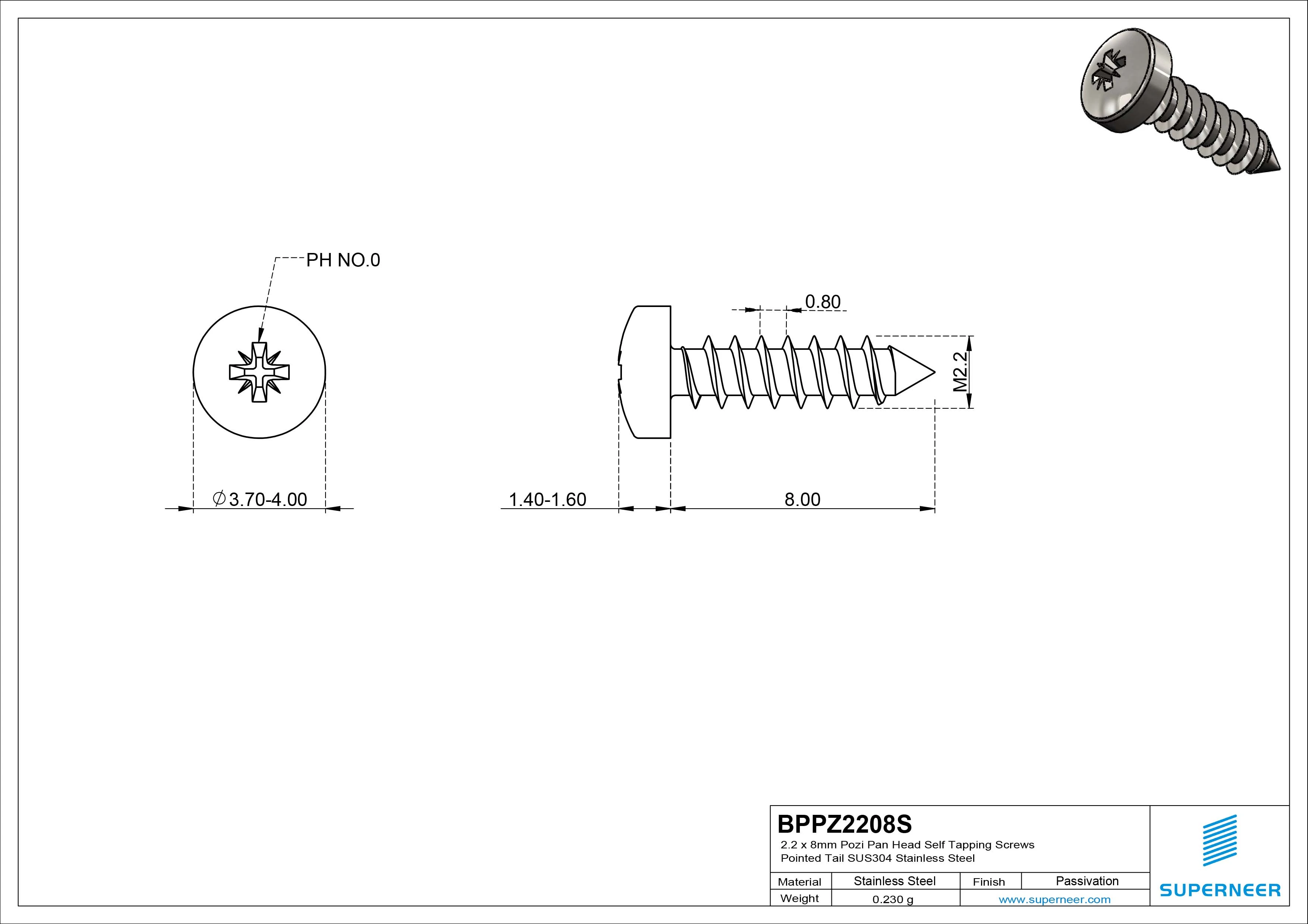 2.2 x 8mm Pozi Pan Head Self Tapping Screws Pointed Tail SUS304 Stainless Steel