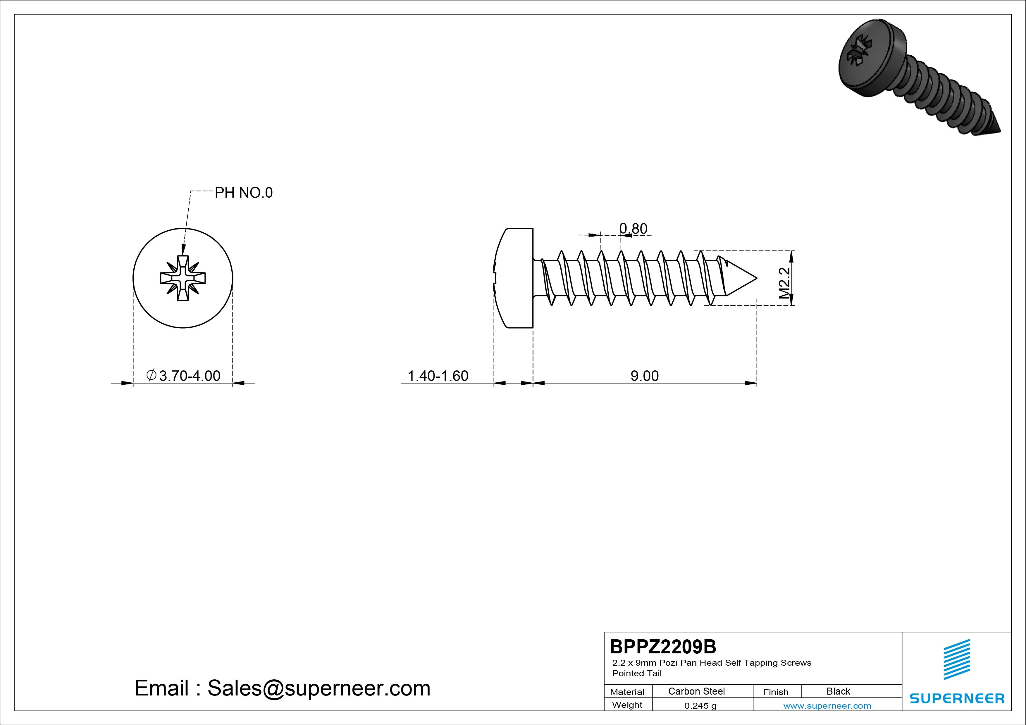 2.2 x 9mm Pozi Pan Head Self Tapping Screws Pointed Tail Steel Black Zinc Plated