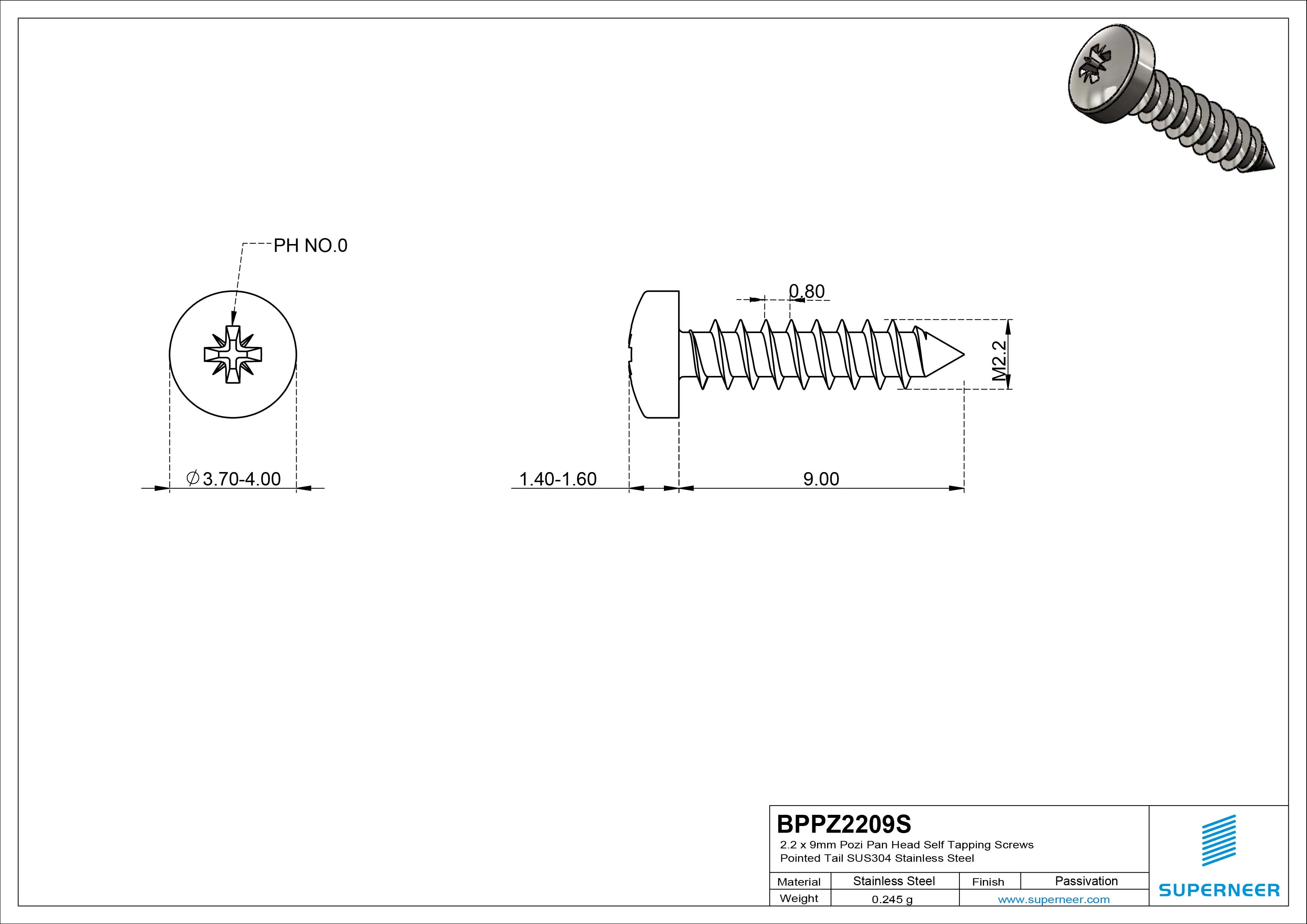 2.2 x 9mm Pozi Pan Head Self Tapping Screws Pointed Tail SUS304 Stainless Steel