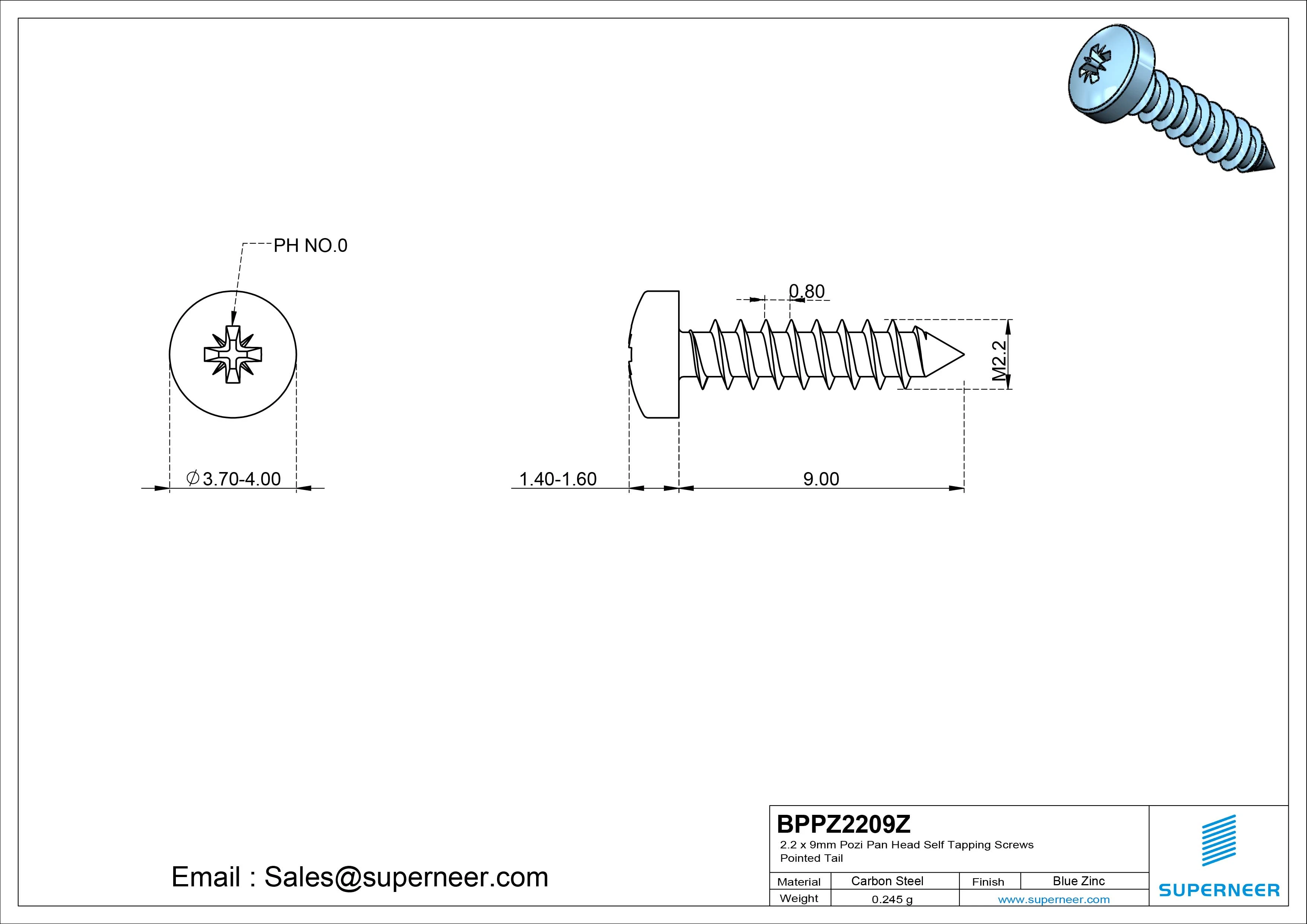 2.2 x 9mm Pozi Pan Head Self Tapping Screws Pointed Tail Steel Blue Zinc Plated