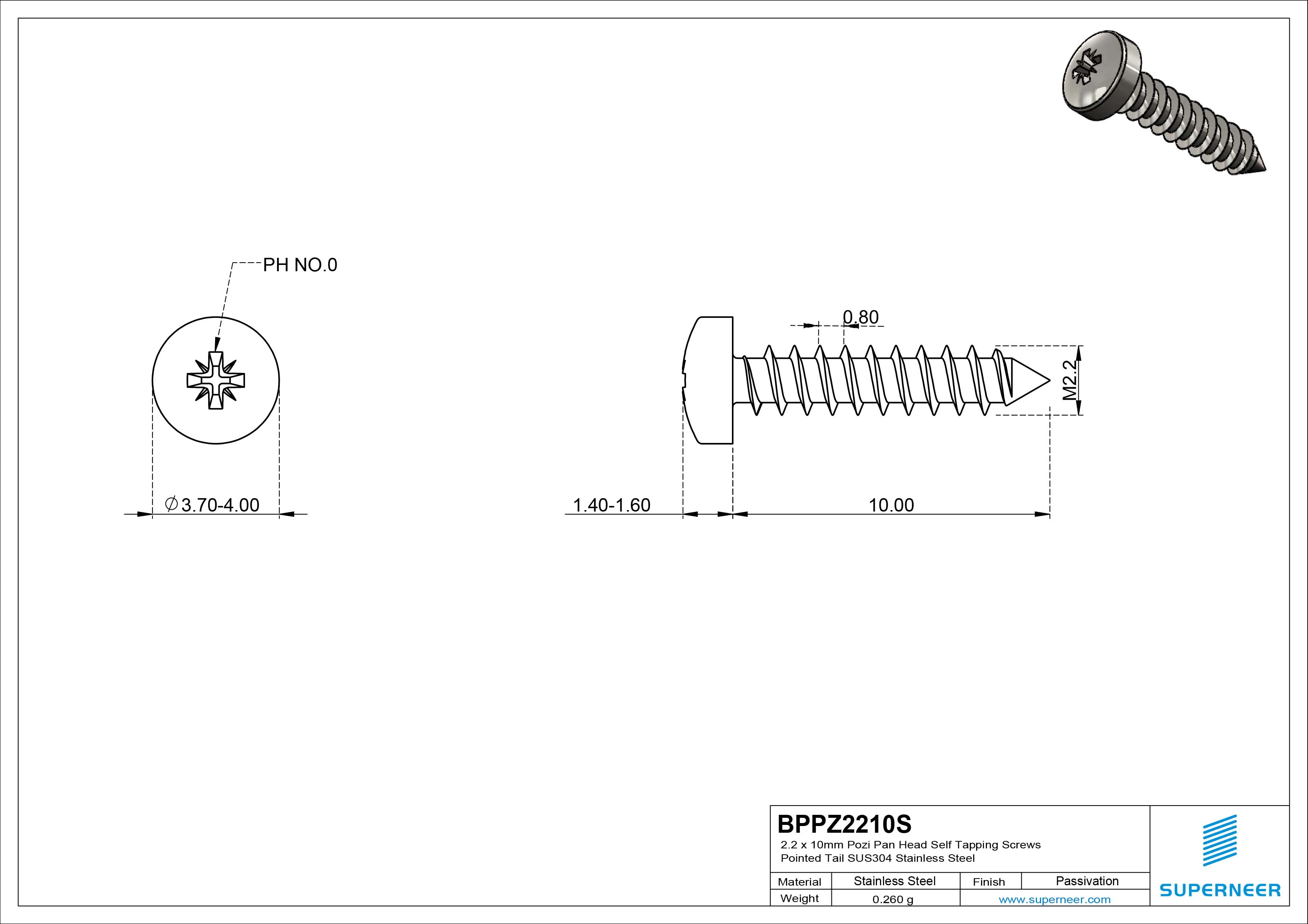 2.2 x 10mm Pozi Pan Head Self Tapping Screws Pointed Tail SUS304 Stainless Steel