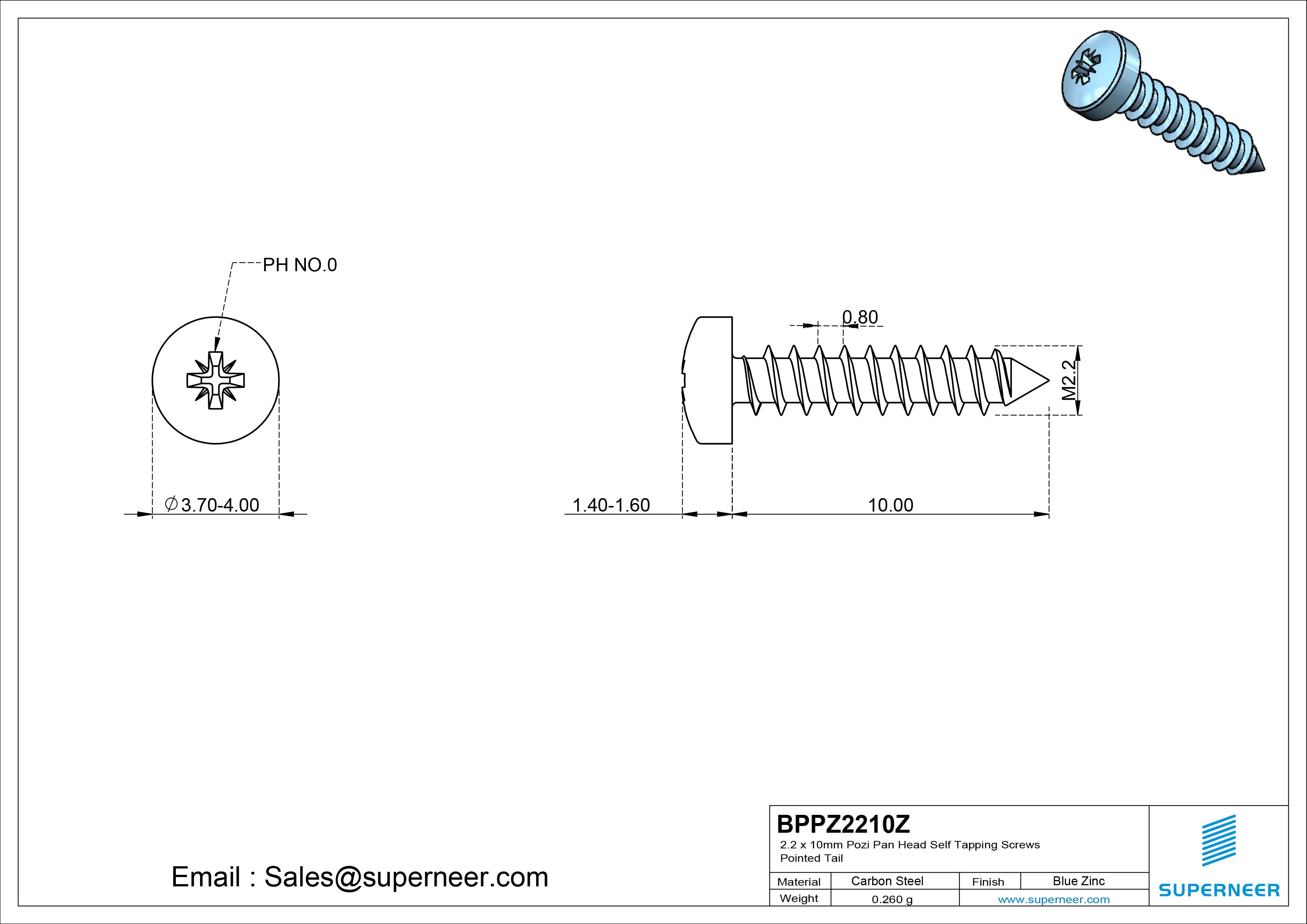 2.2 x 10mm Pozi Pan Head Self Tapping Screws Pointed Tail Steel Blue Zinc Plated