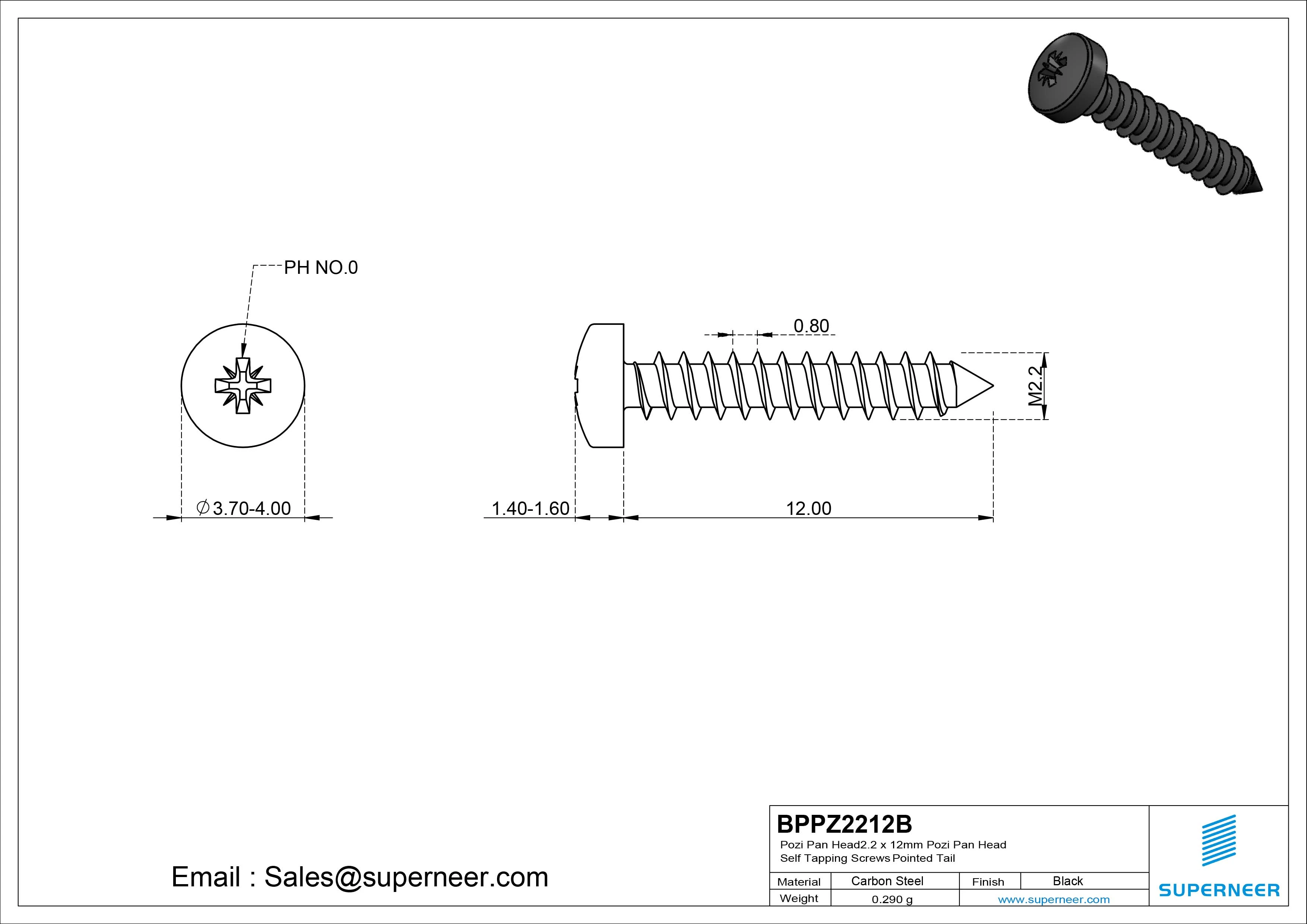 2.2 x 12mm Pozi Pan Head Self Tapping Screws Pointed Tail Steel Black Zinc Plated