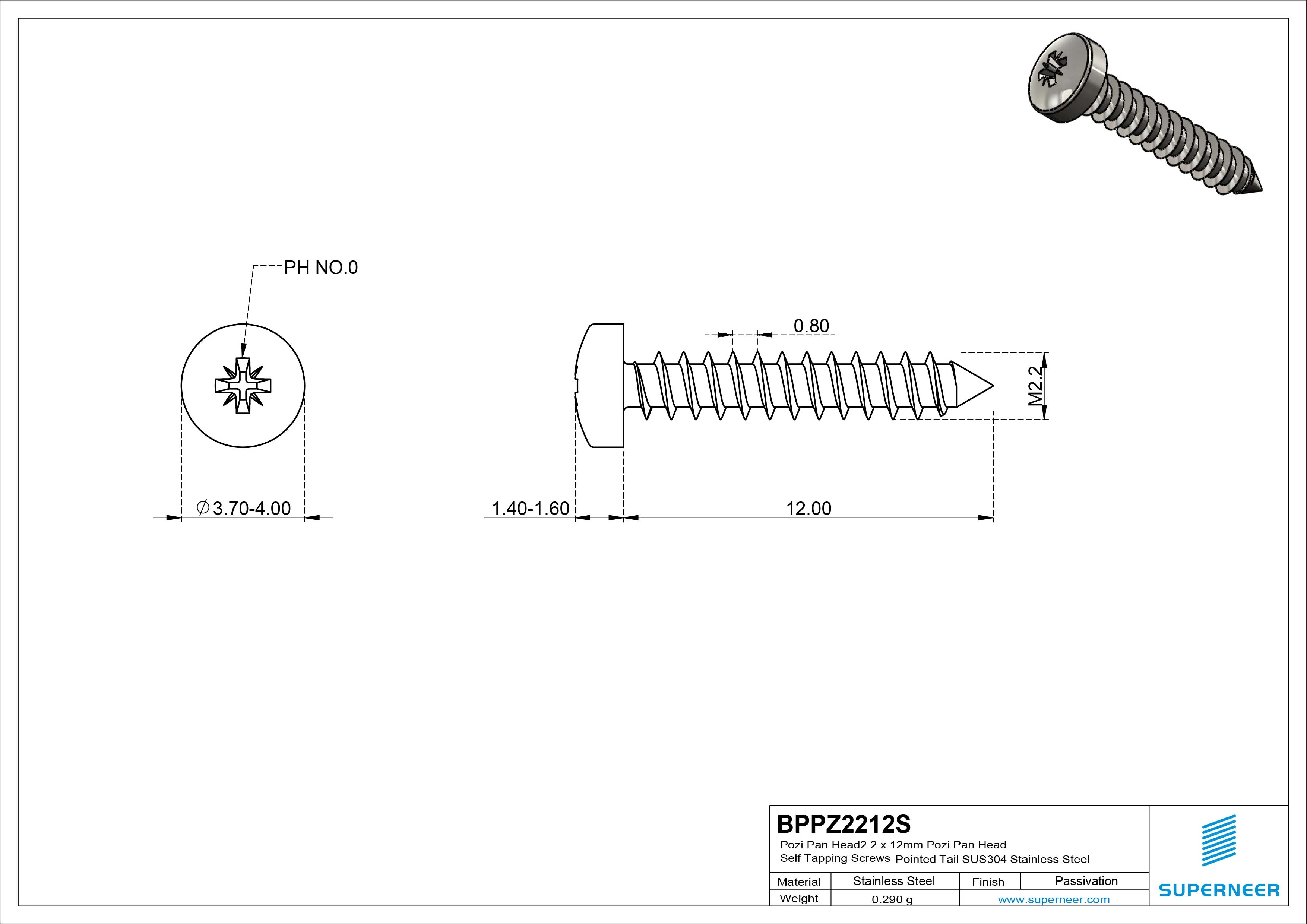 2.2 x 12mm Pozi Pan Head Self Tapping Screws Pointed Tail SUS304 Stainless Steel