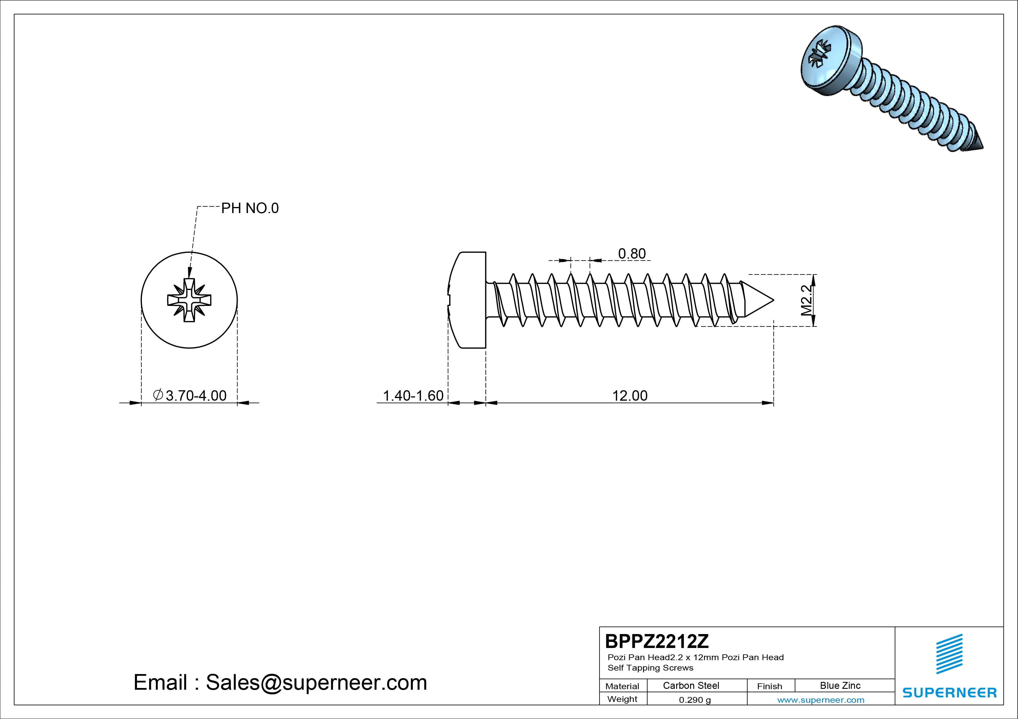 2.2 x 12mm Pozi Pan Head Self Tapping Screws Pointed Tail Steel Blue Zinc Plated