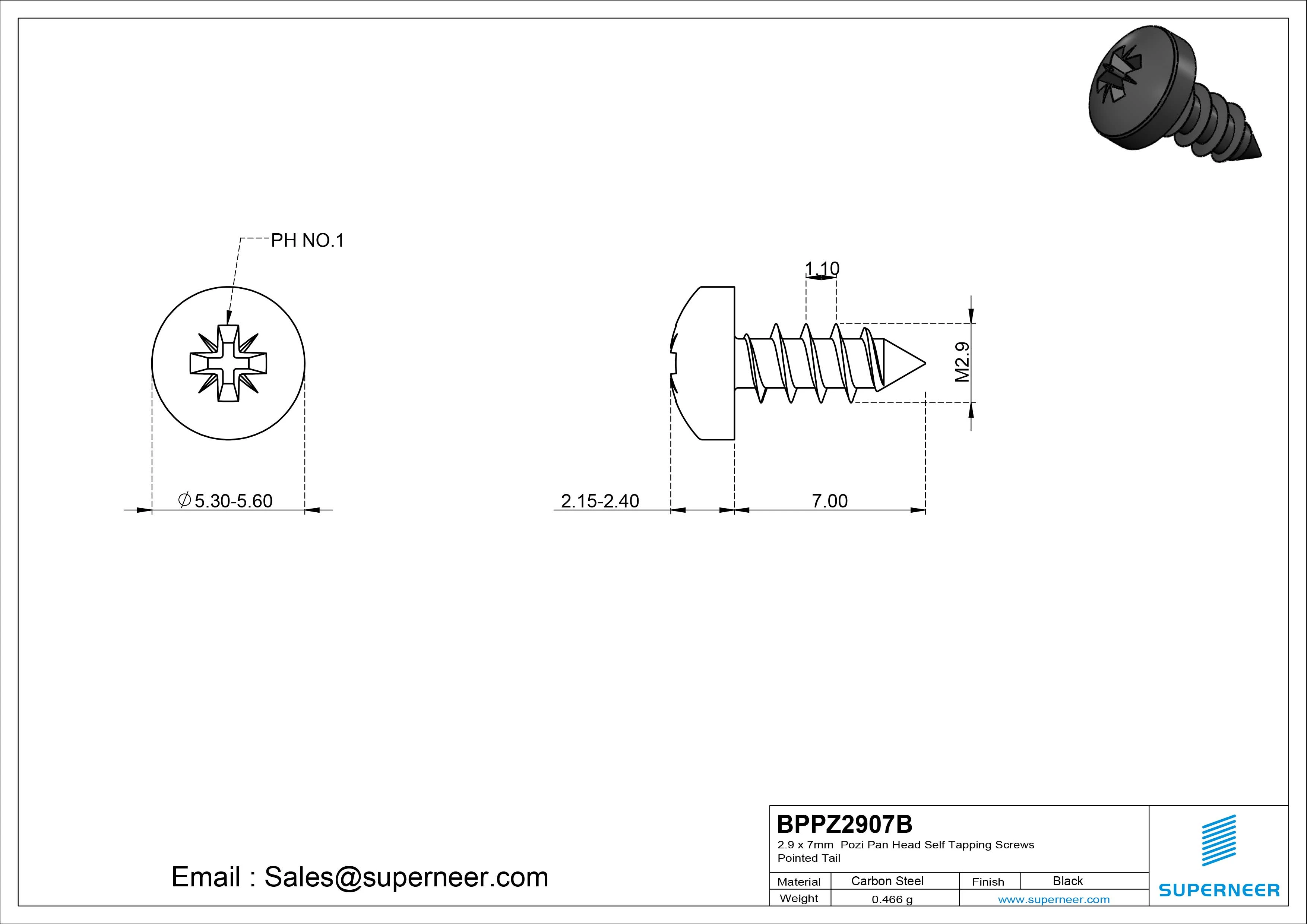 2.9 x 7mm Pozi Pan Head Self Tapping Screws Pointed Tail Steel Black Zinc Plated