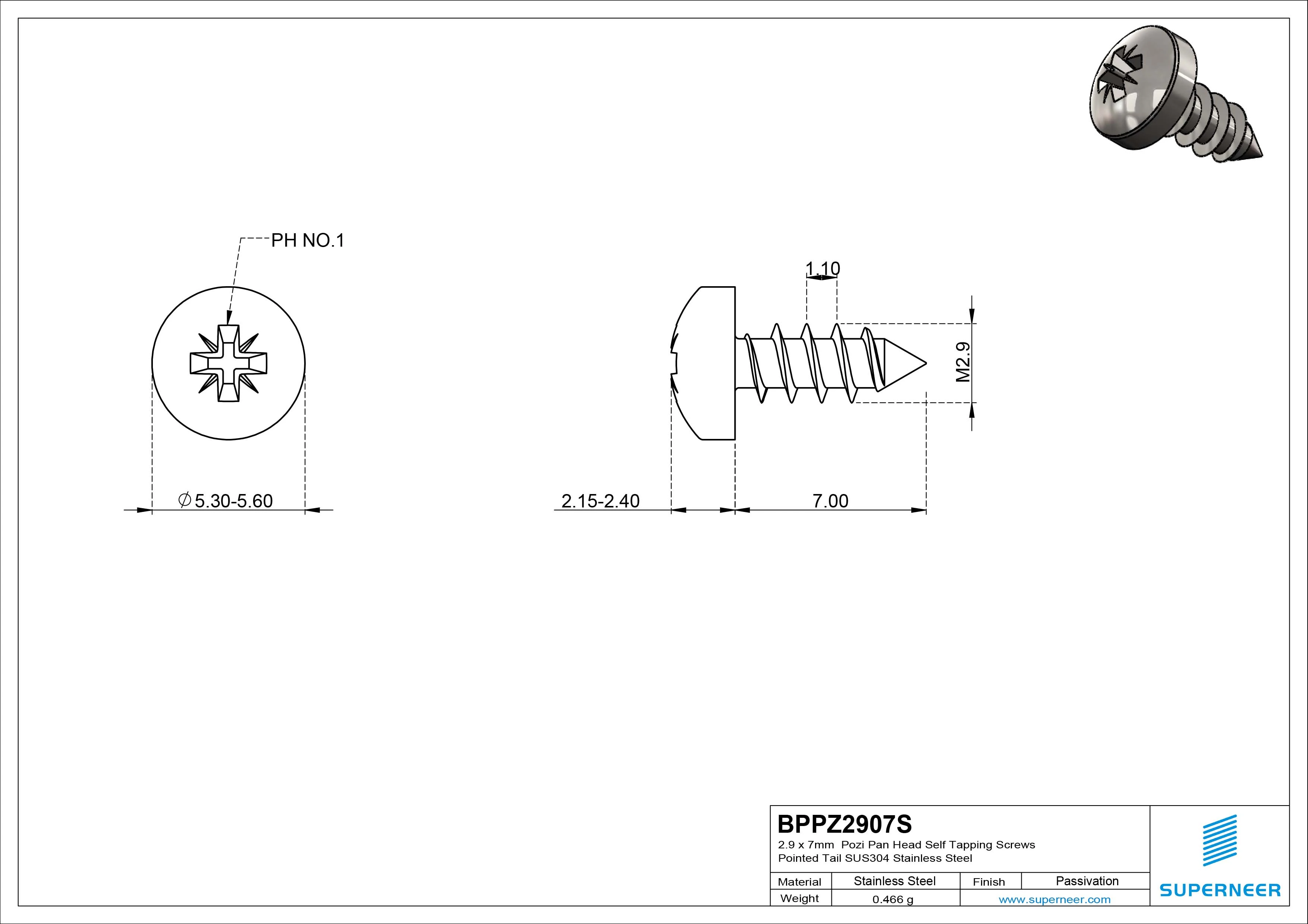 2.9 x 7mm Pozi Pan Head Self Tapping Screws Pointed Tail SUS304 Stainless Steel