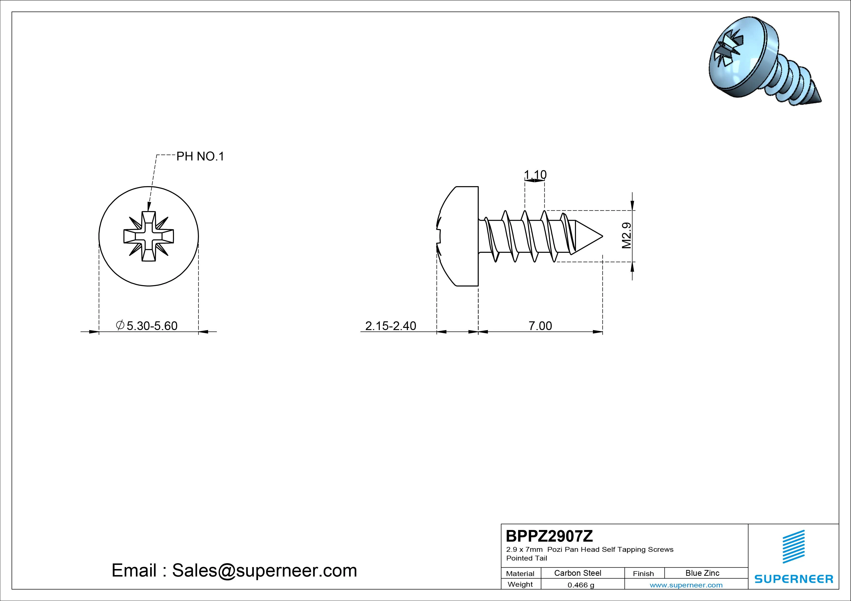 2.9 x 7mm Pozi Pan Head Self Tapping Screws Pointed Tail Steel Blue Zinc Plated