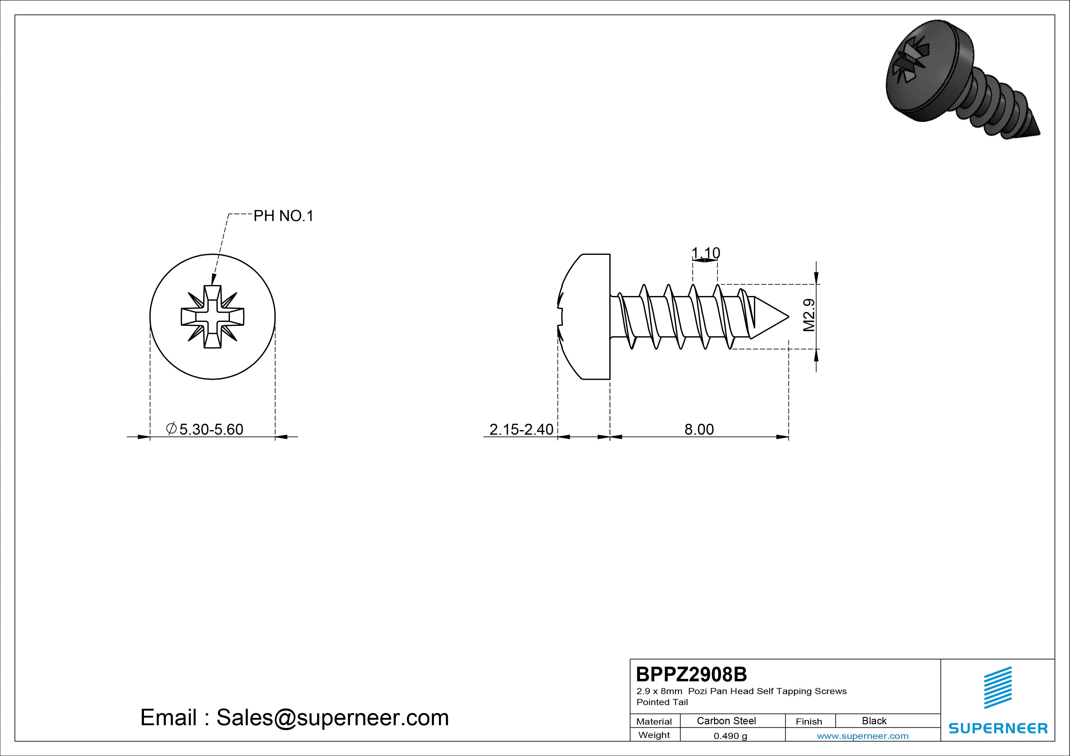 2.9 x 8mm Pozi Pan Head Self Tapping Screws Pointed Tail Steel Black Zinc Plated