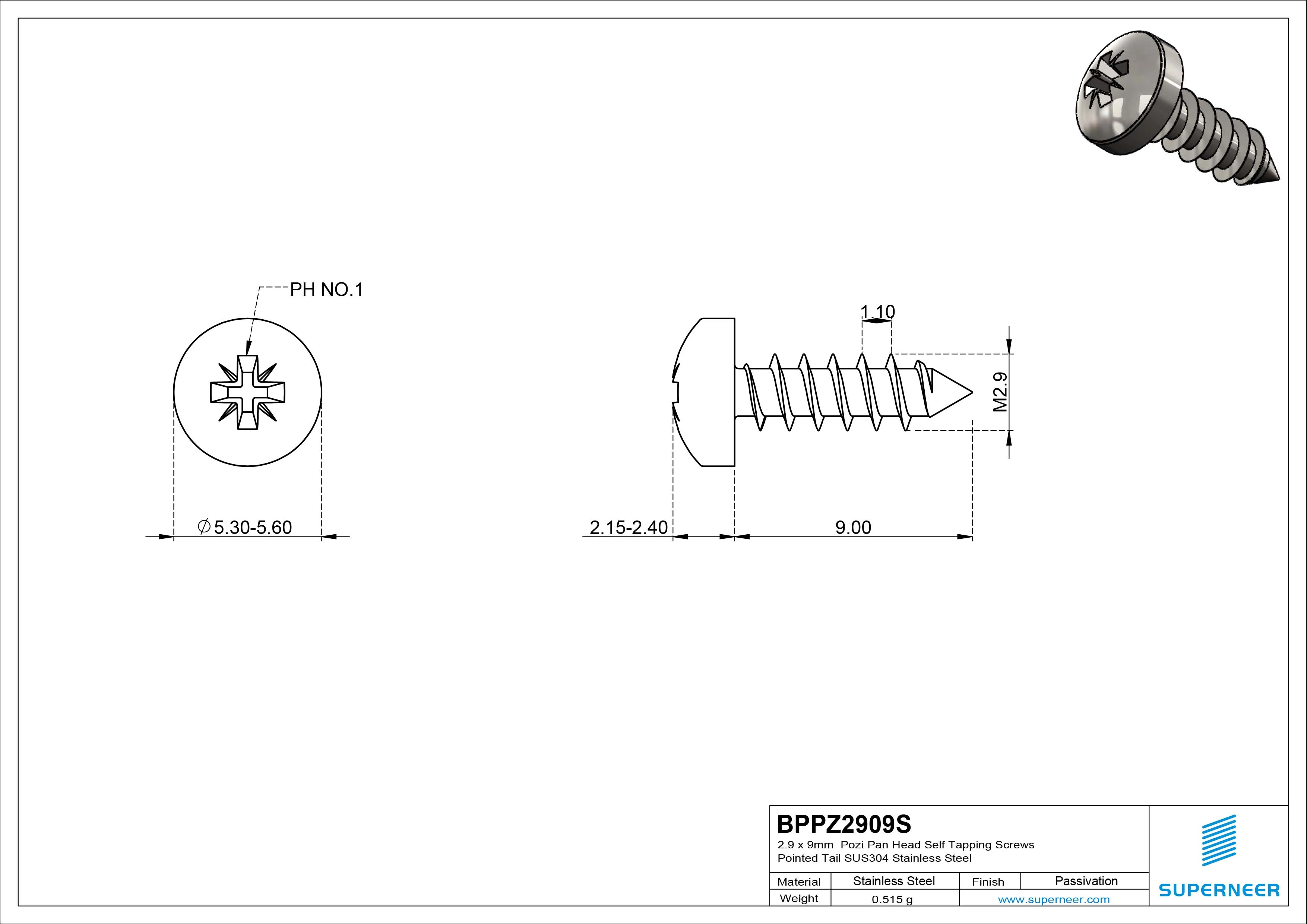 2.9 x 9mm Pozi Pan Head Self Tapping Screws Pointed Tail SUS304 Stainless Steel