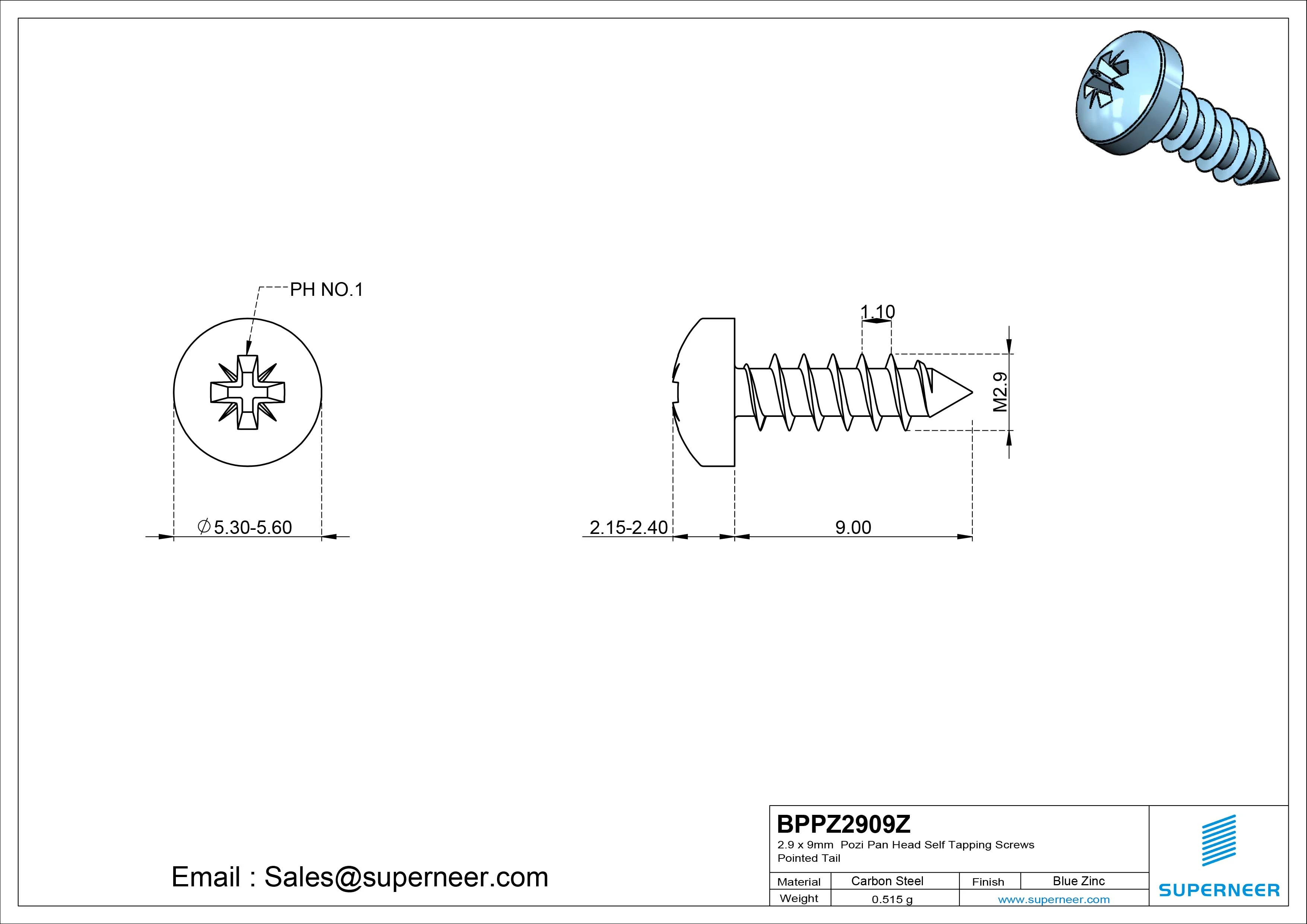 2.9 x 9mm Pozi Pan Head Self Tapping Screws Pointed Tail Steel Blue Zinc Plated