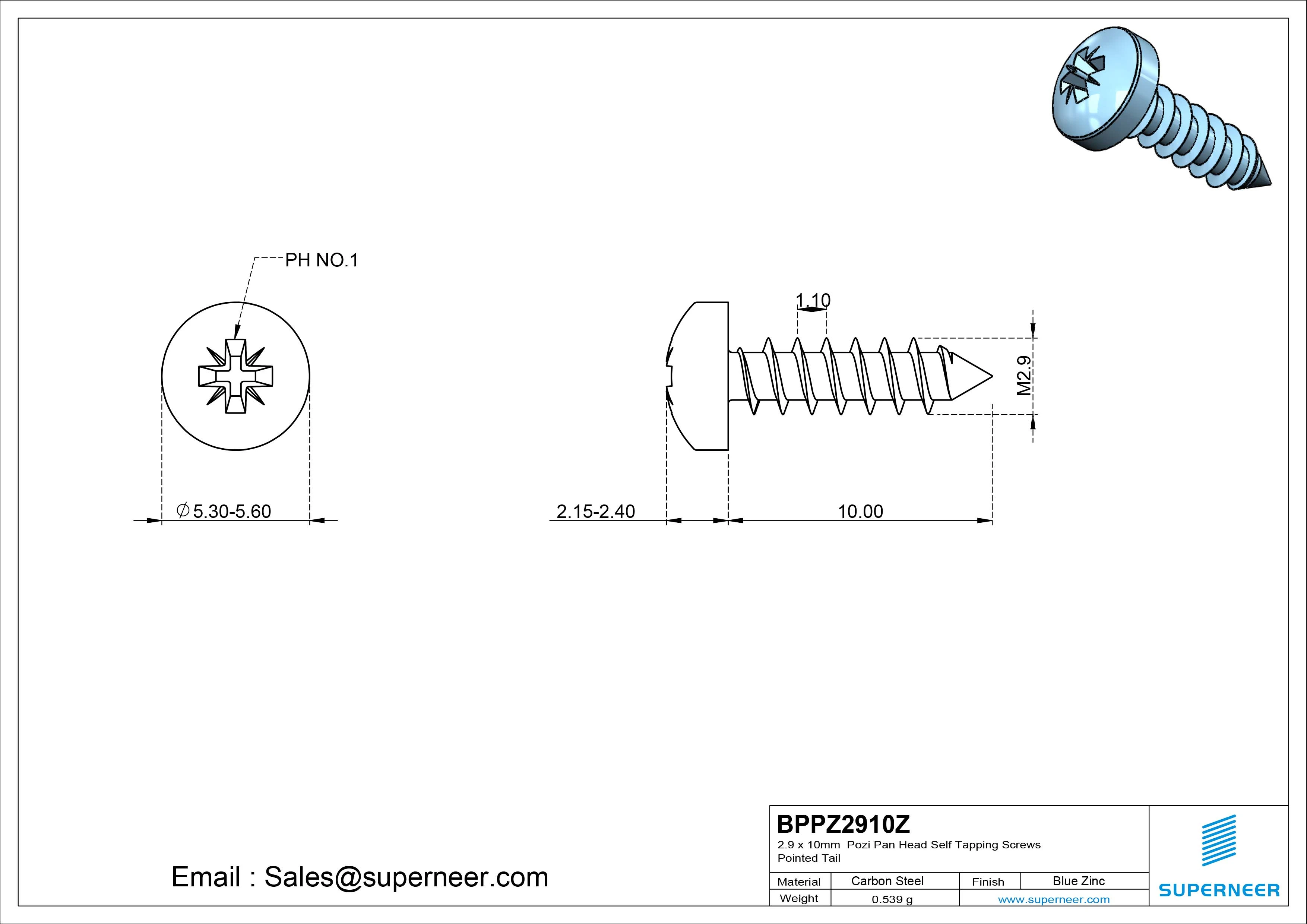 2.9 x 10mm Pozi Pan Head Self Tapping Screws Pointed Tail Steel Blue Zinc Plated