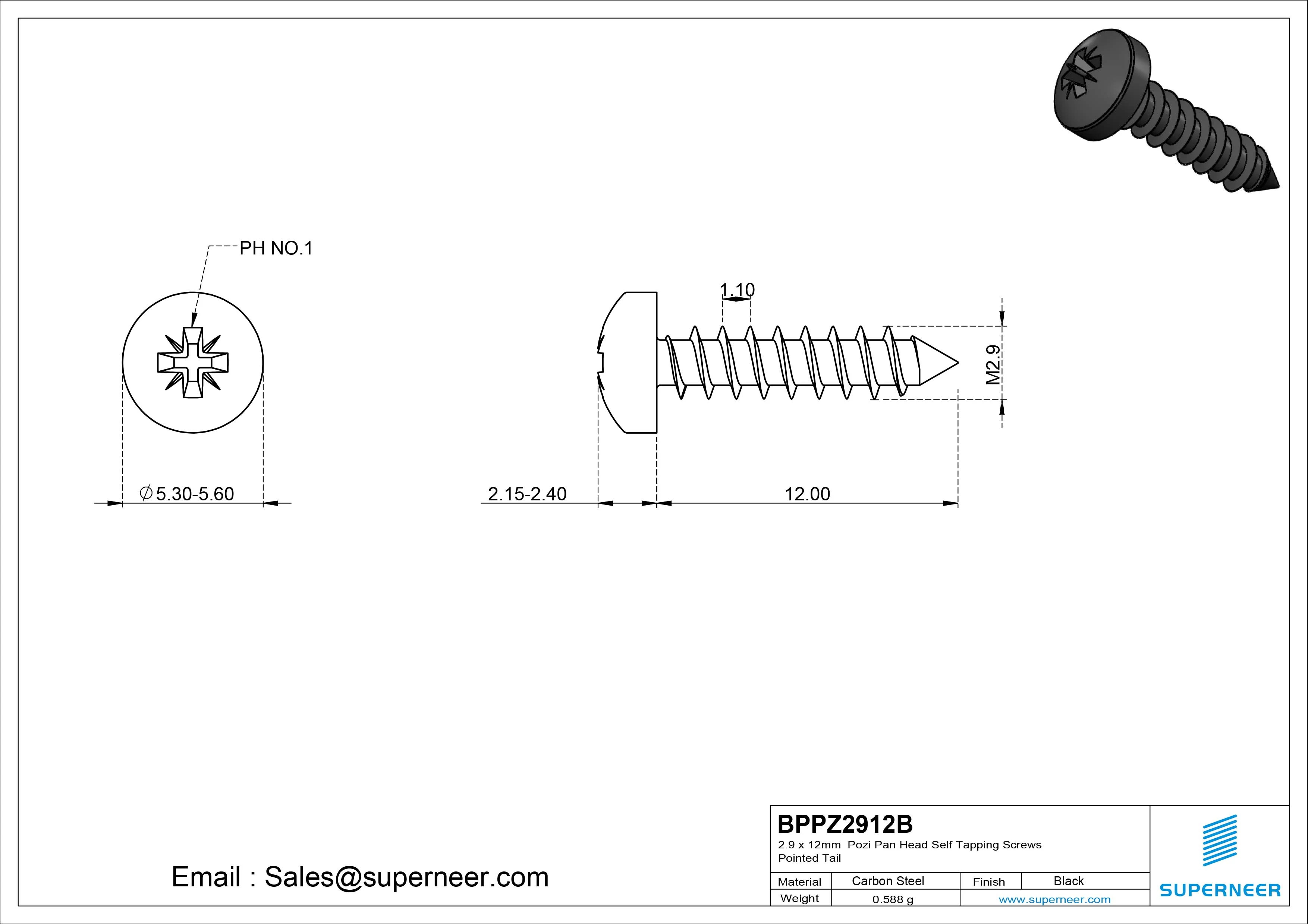 2.9 x 12mm Pozi Pan Head Self Tapping Screws Pointed Tail Steel Black Zinc Plated