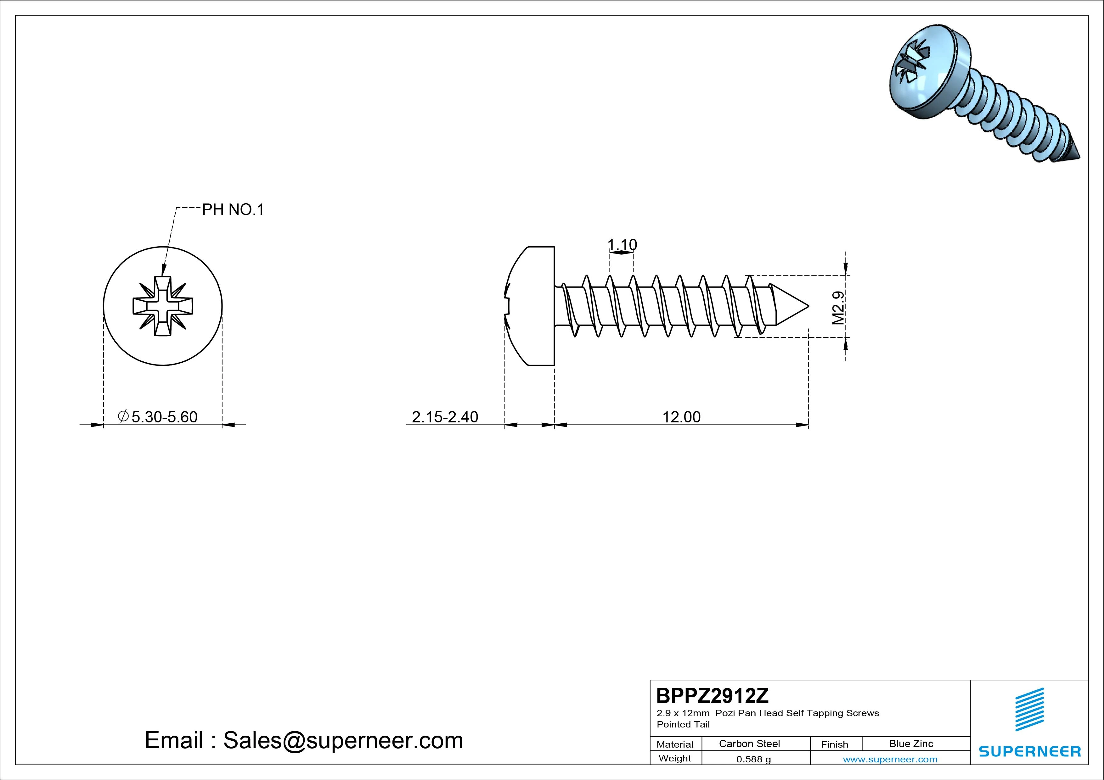 2.9 x 12mm Pozi Pan Head Self Tapping Screws Pointed Tail Steel Blue Zinc Plated