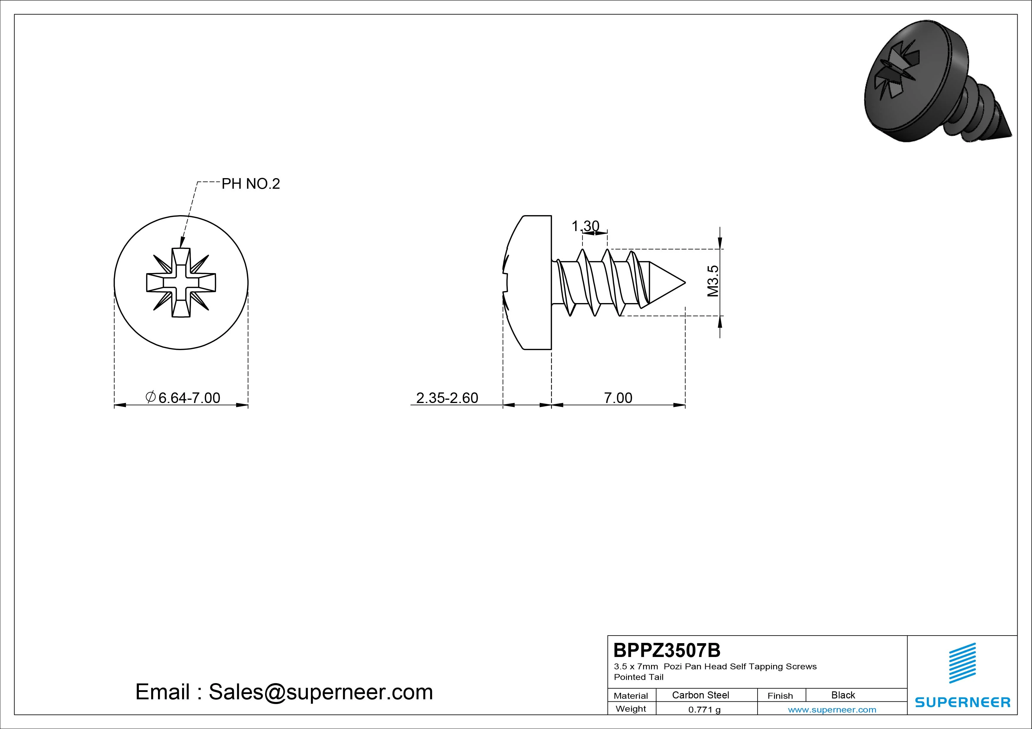 3.5 x 7mm Pozi Pan Head Self Tapping Screws Pointed Tail Steel Black Zinc Plated