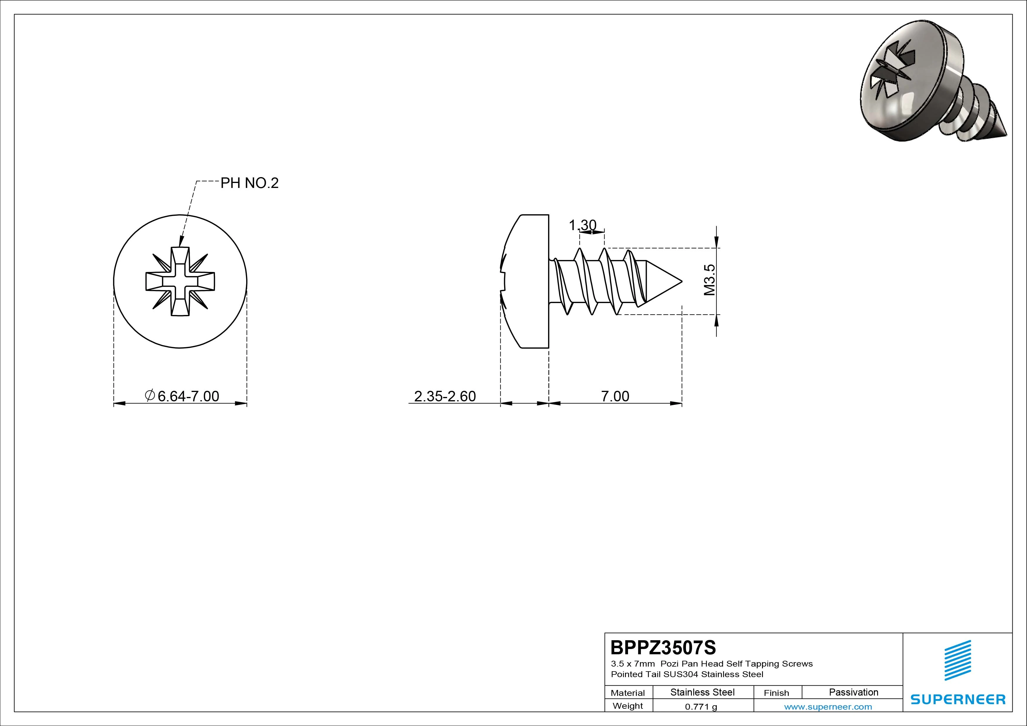 3.5 x 7mm Pozi Pan Head Self Tapping Screws Pointed Tail SUS304 Stainless Steel