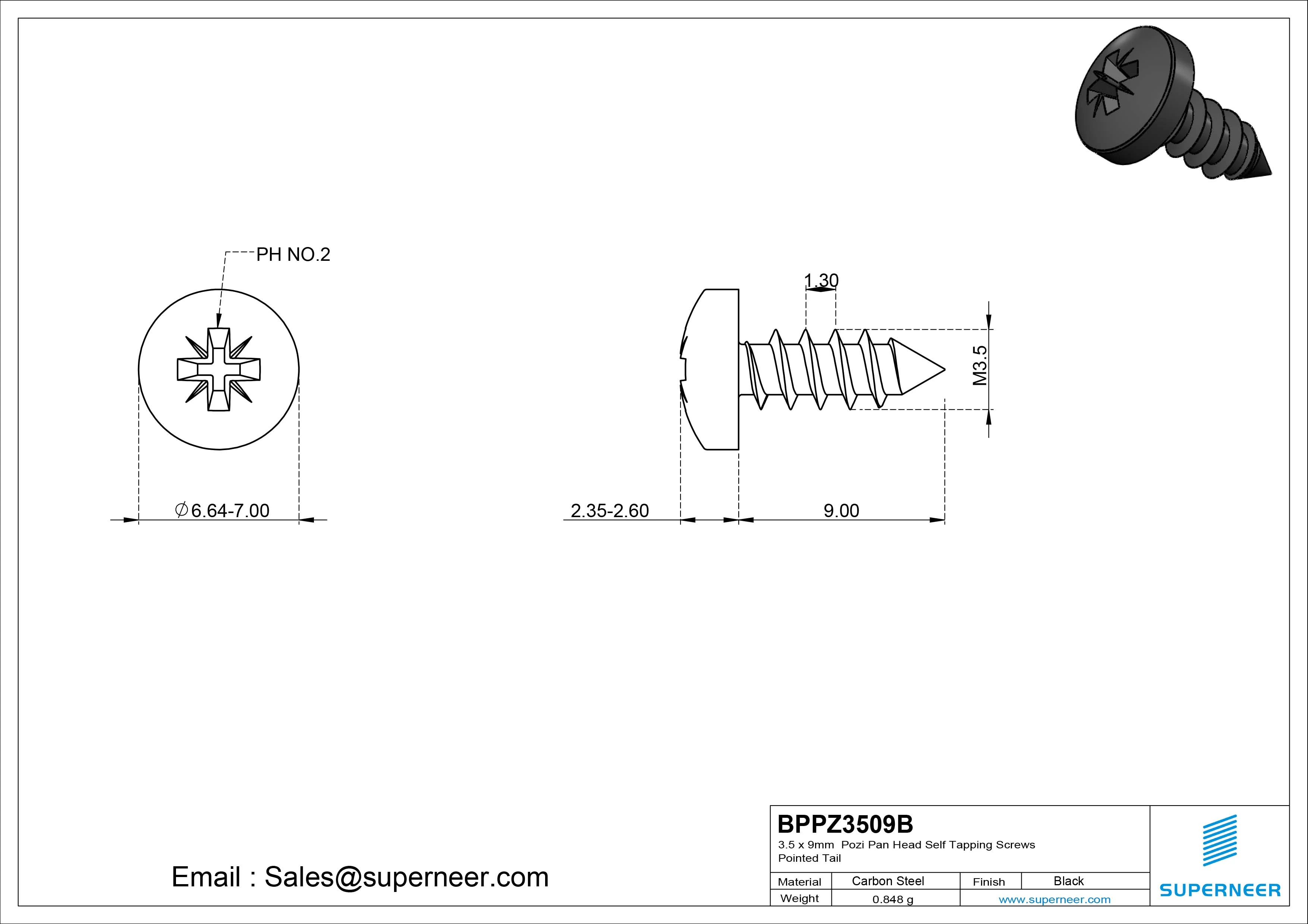 3.5 x 9mm Pozi Pan Head Self Tapping Screws Pointed Tail Steel Black Zinc Plated