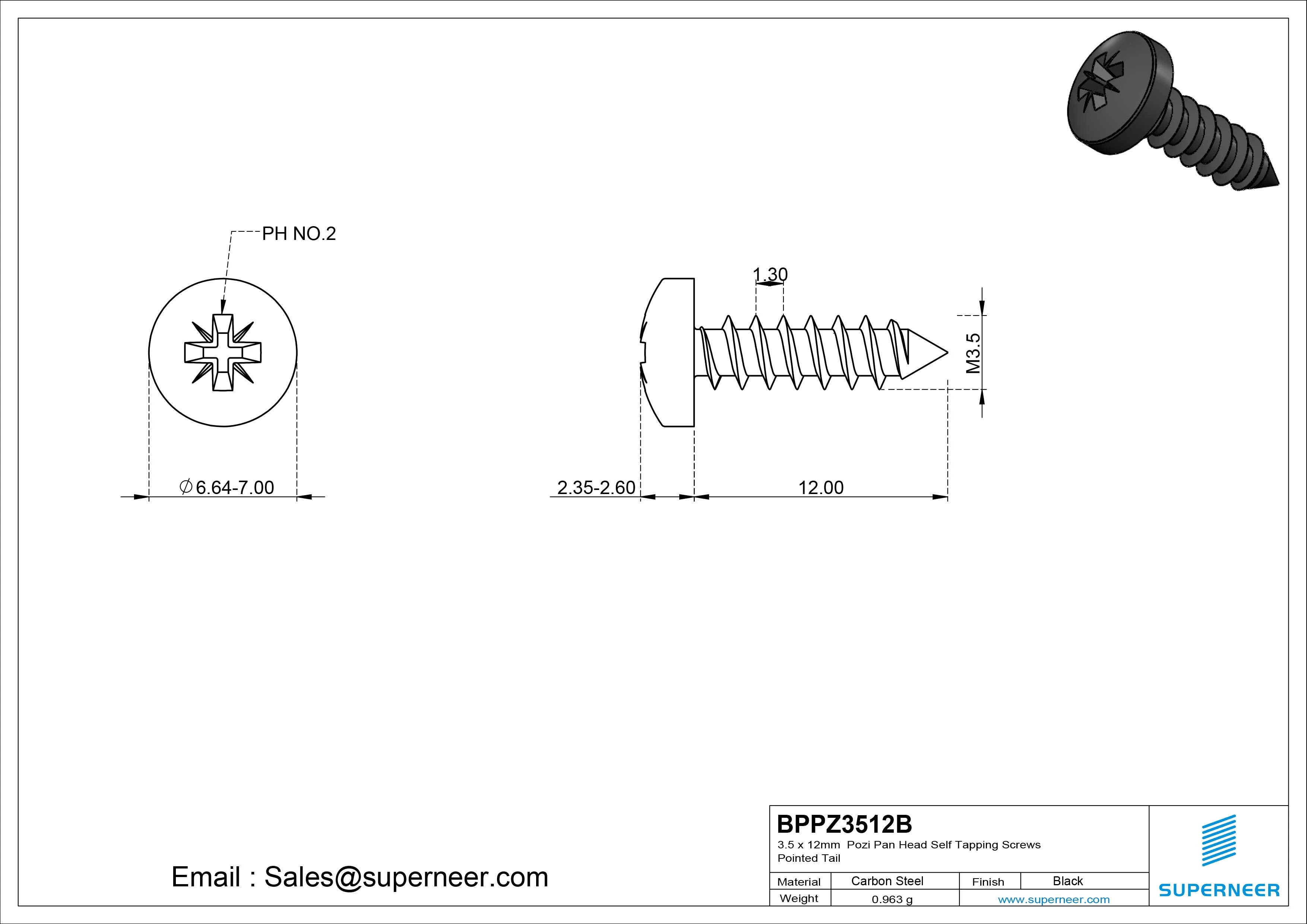 3.5 x 12mm Pozi Pan Head Self Tapping Screws Pointed Tail Steel Black Zinc Plated