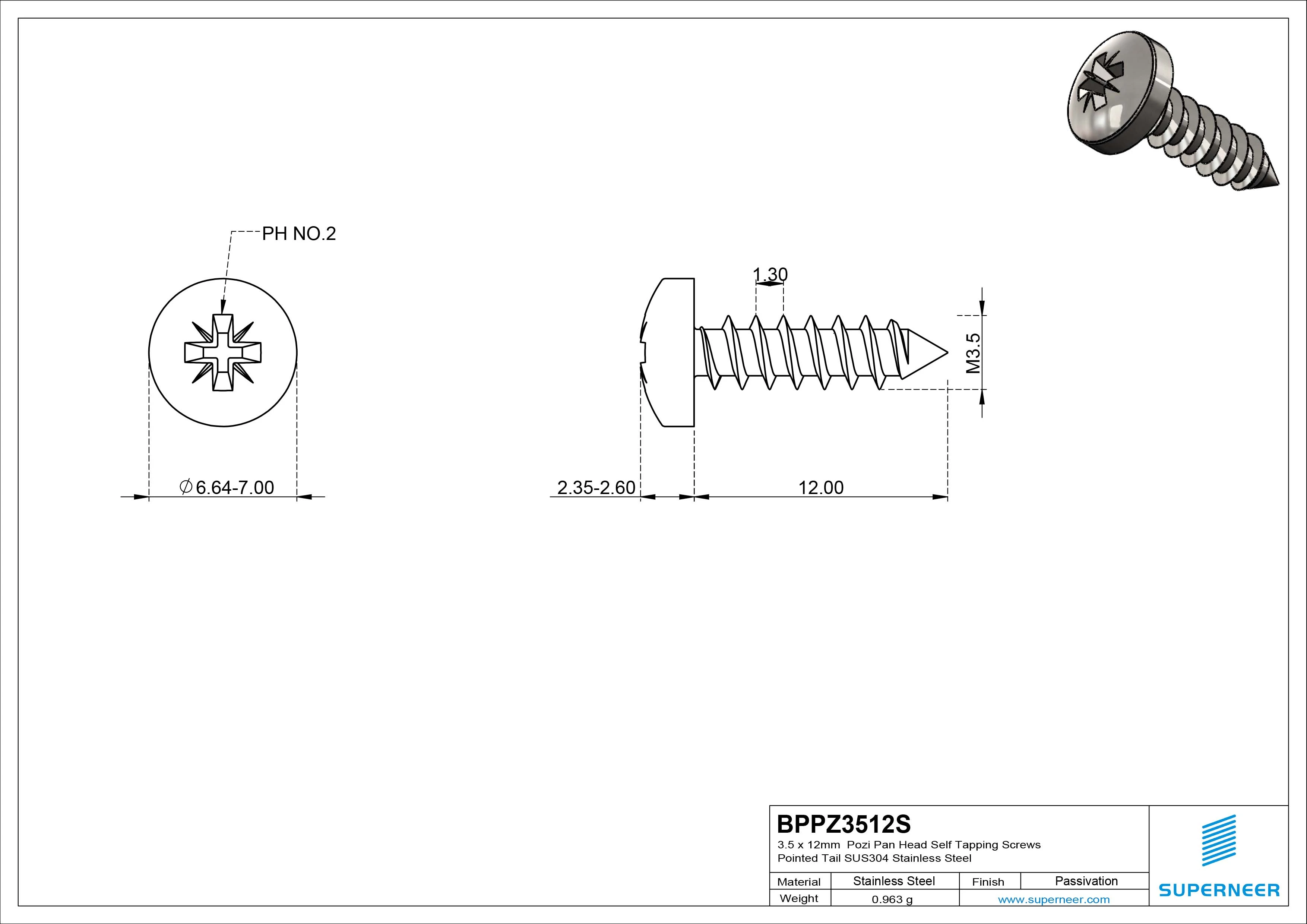 3.5 x 12mm Pozi Pan Head Self Tapping Screws Pointed Tail SUS304 Stainless Steel
