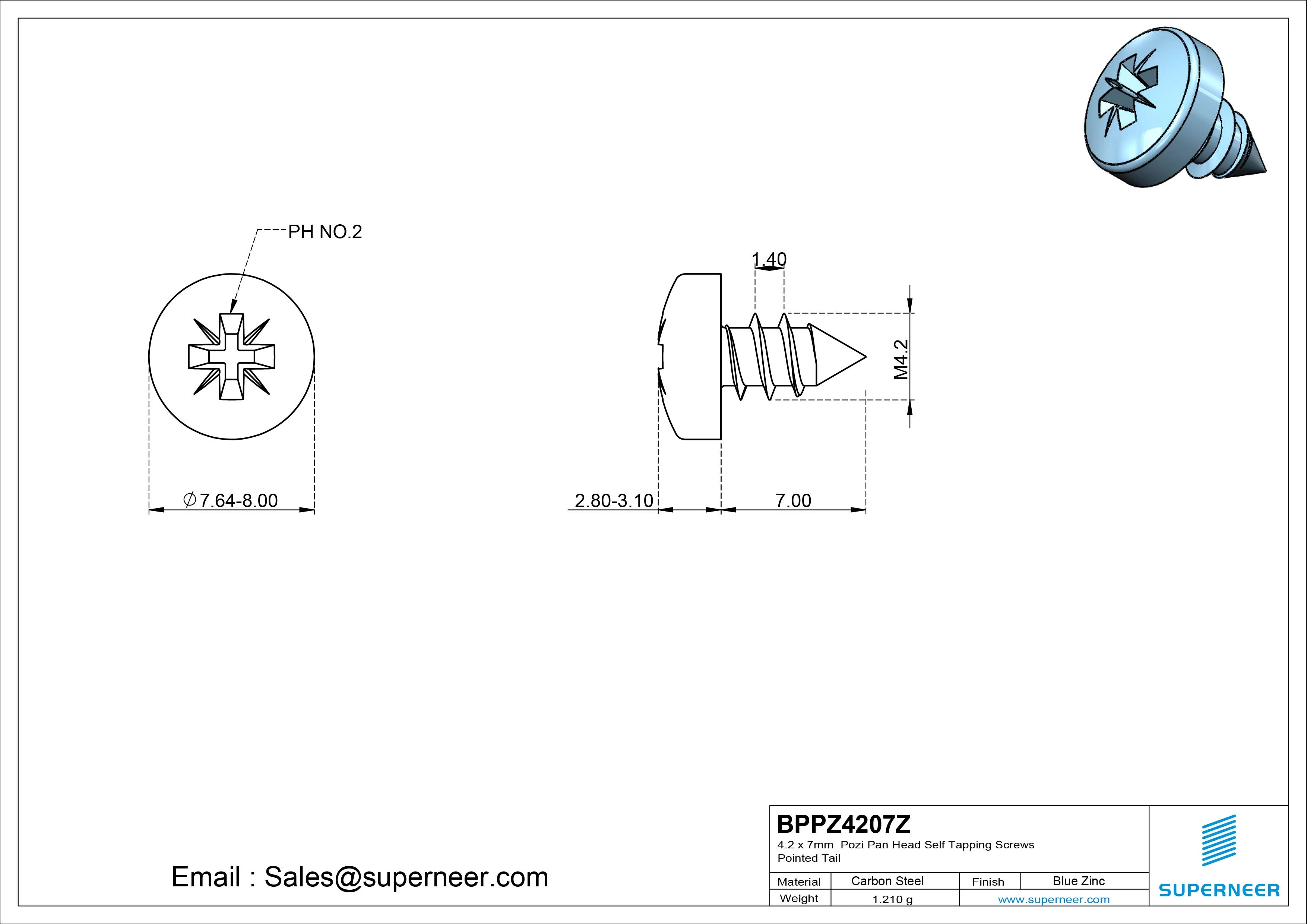 4.2 x 7mm Pozi Pan Head Self Tapping Screws Pointed Tail Steel Blue Zinc Plated