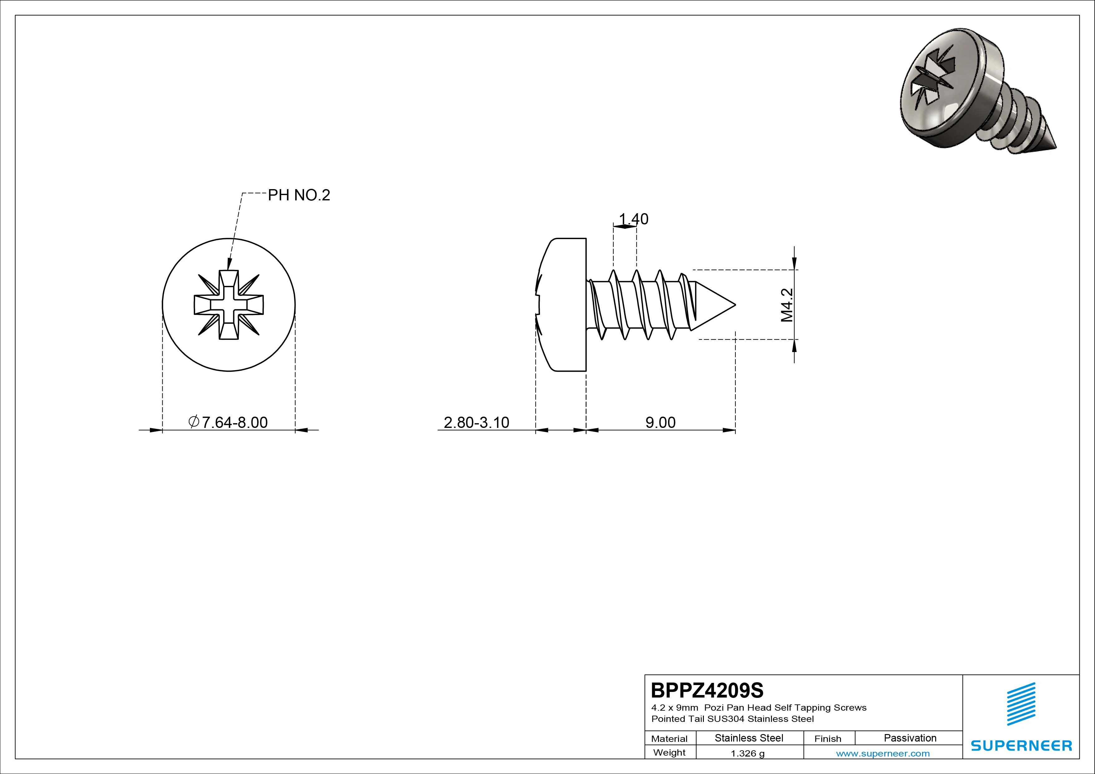 4.2 x 9mm Pozi Pan Head Self Tapping Screws Pointed Tail SUS304 Stainless Steel