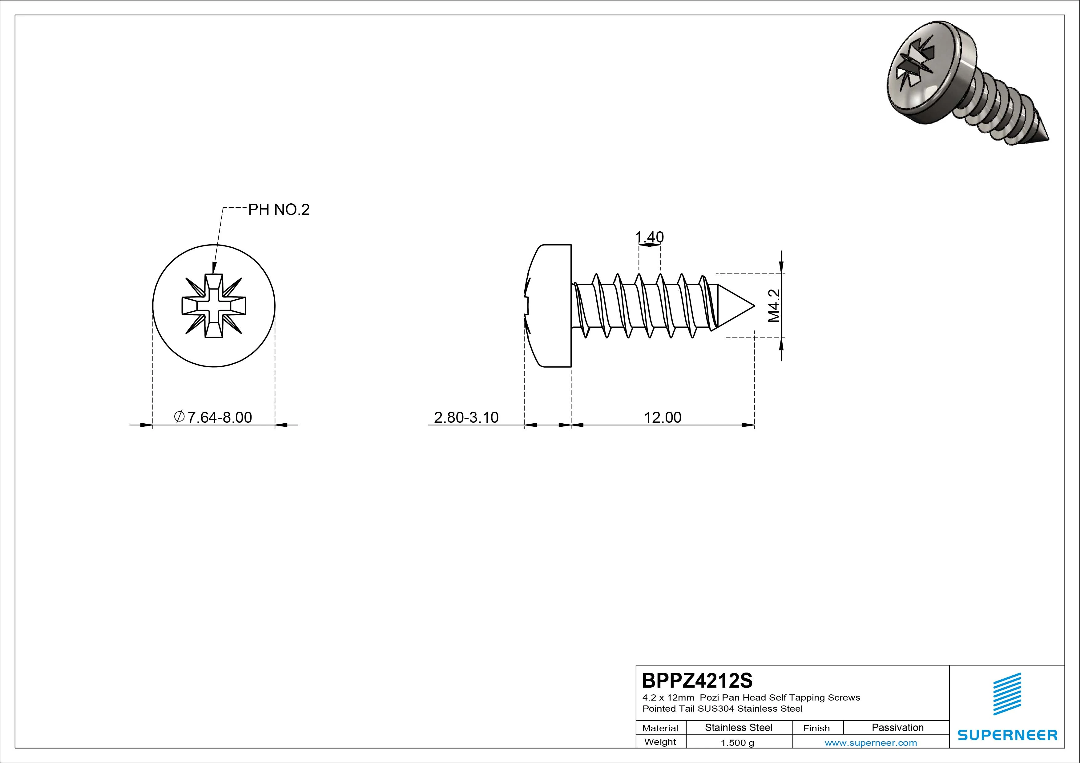 4.2 x 12mm Pozi Pan Head Self Tapping Screws Pointed Tail SUS304 Stainless Steel