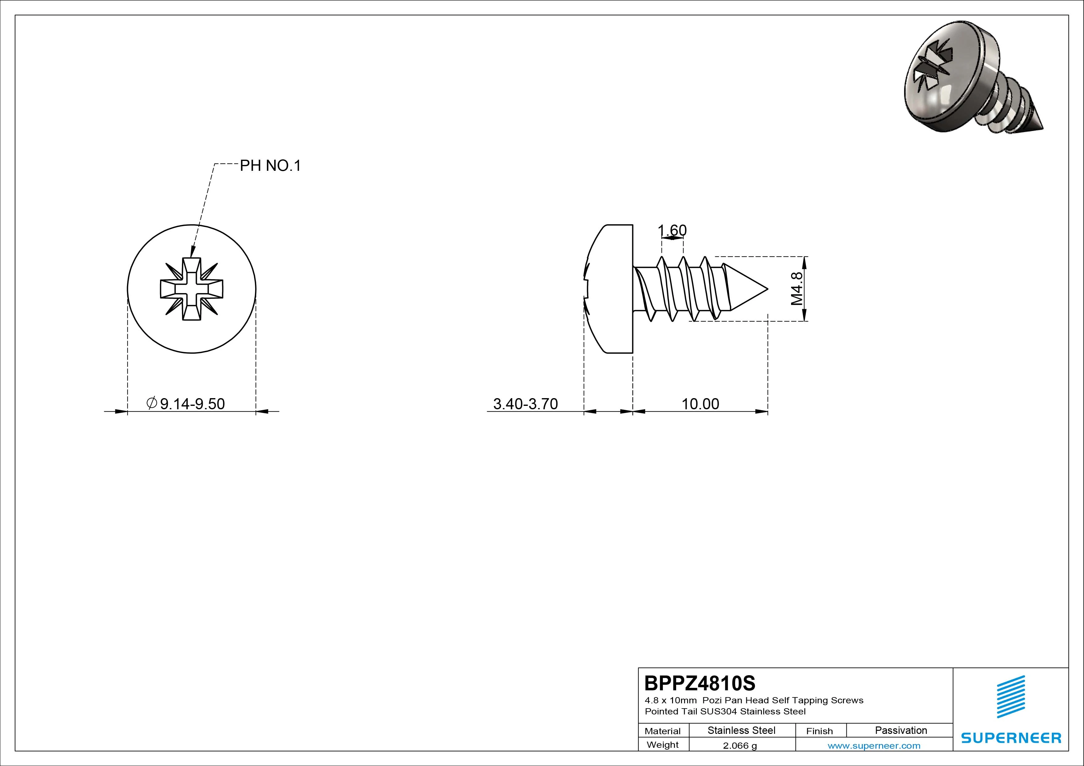 4.8 x 10mm Pozi Pan Head Self Tapping Screws Pointed Tail SUS304 Stainless Steel