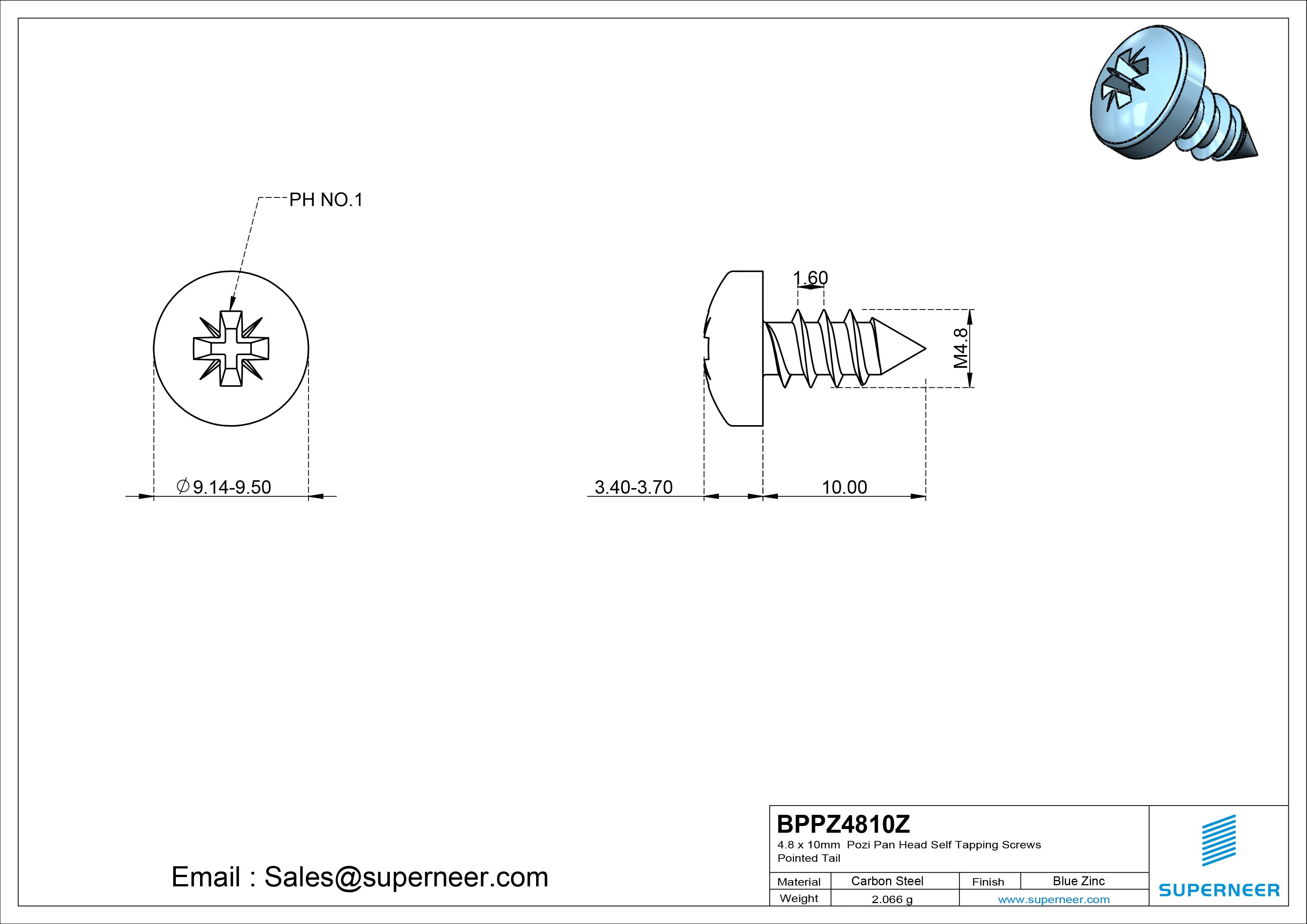 4.8 x 10mm Pozi Pan Head Self Tapping Screws Pointed Tail Steel Blue Zinc Plated