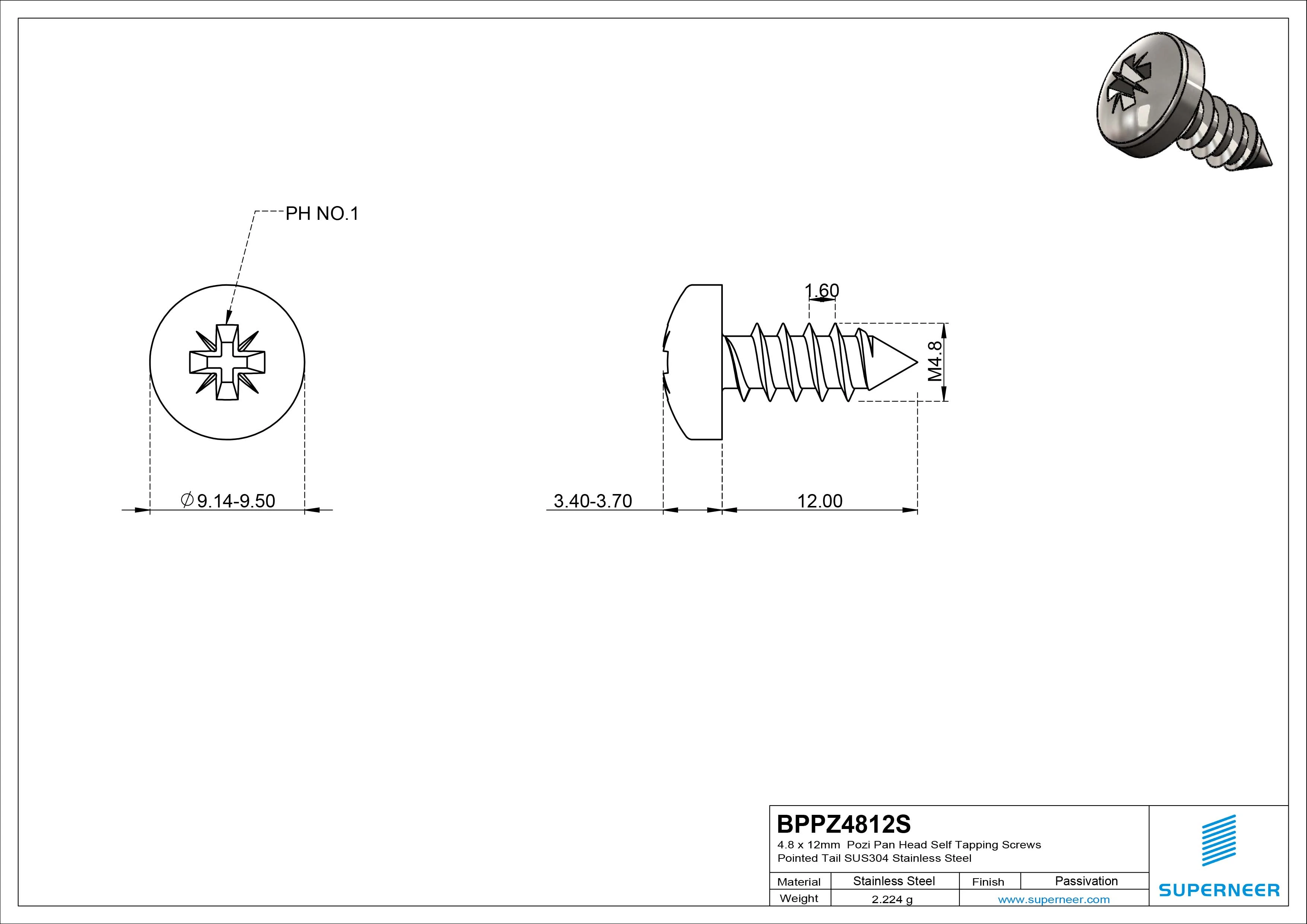 4.8 x 12mm Pozi Pan Head Self Tapping Screws Pointed Tail SUS304 Stainless Steel