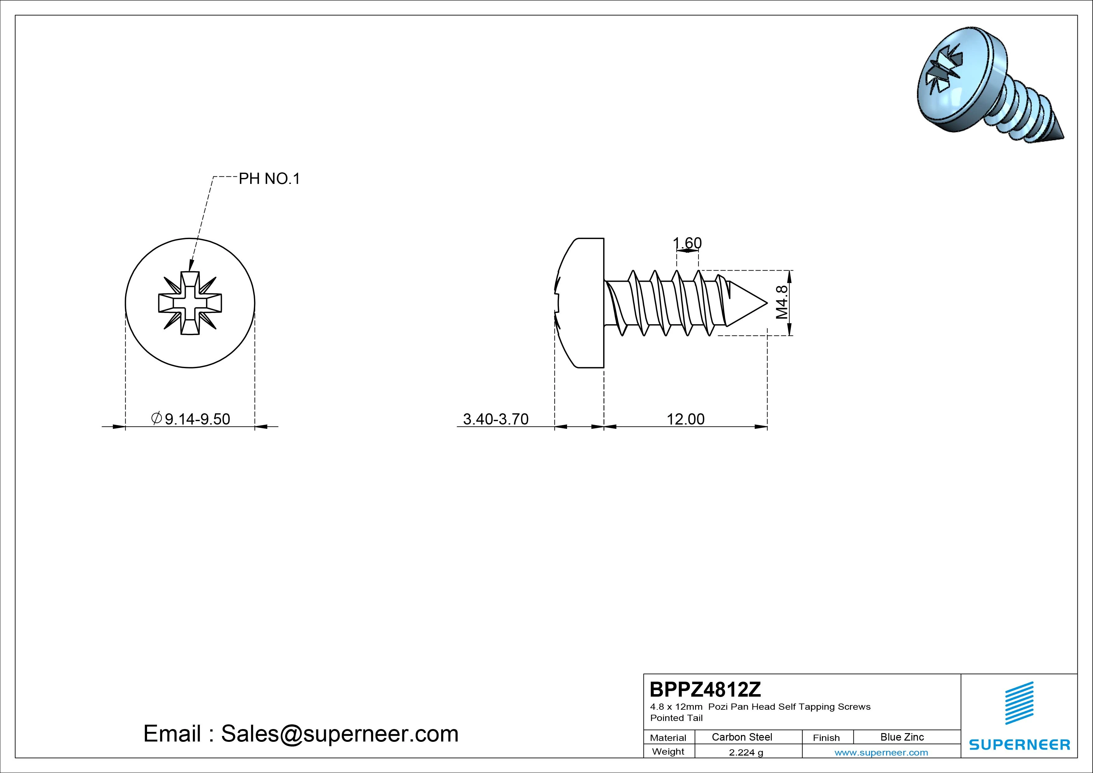 4.8 x 12mm Pozi Pan Head Self Tapping Screws Pointed Tail Steel Blue Zinc Plated