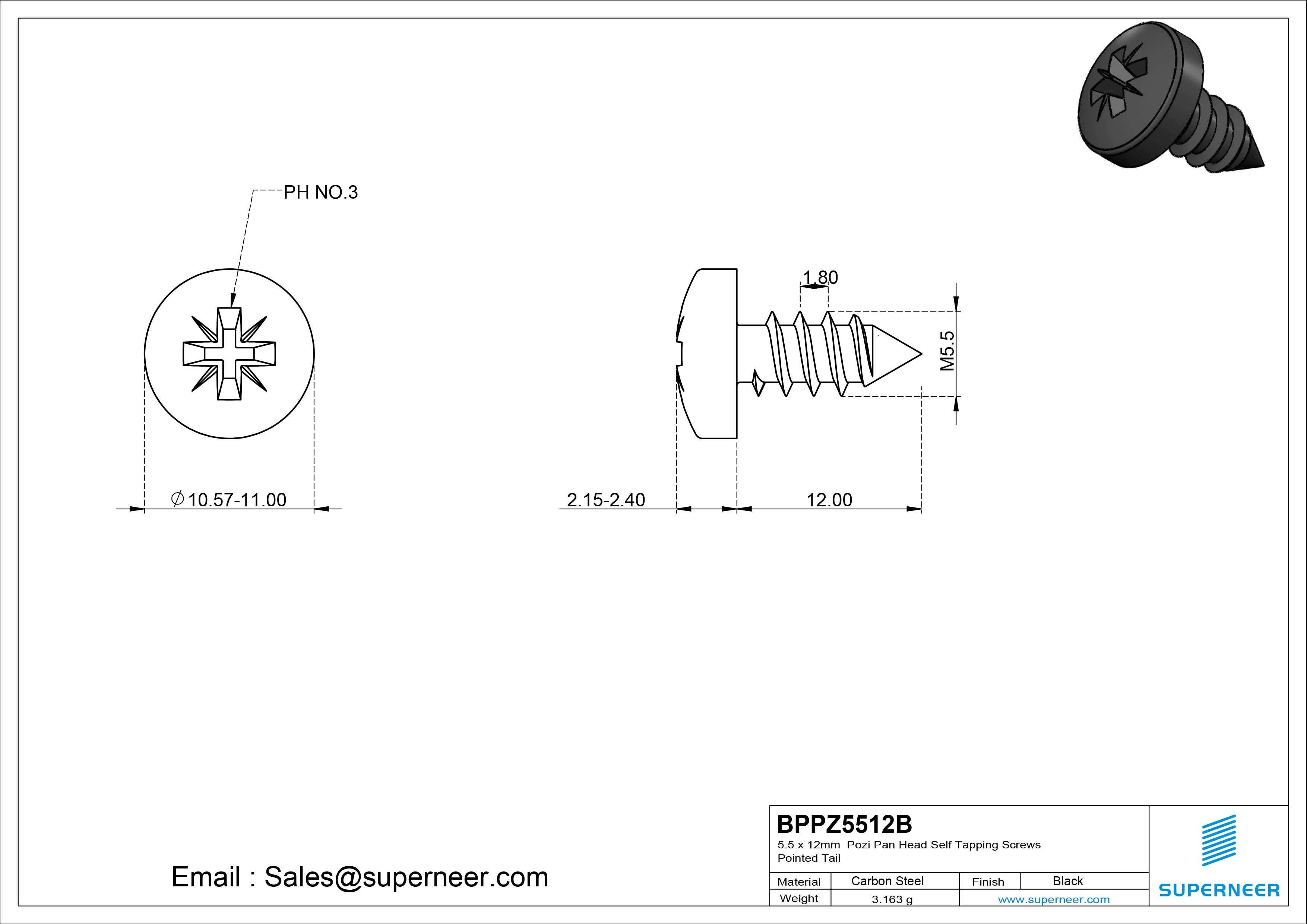 5.5 x 12mm Pozi Pan Head Self Tapping Screws Pointed Tail Steel Black Zinc Plated