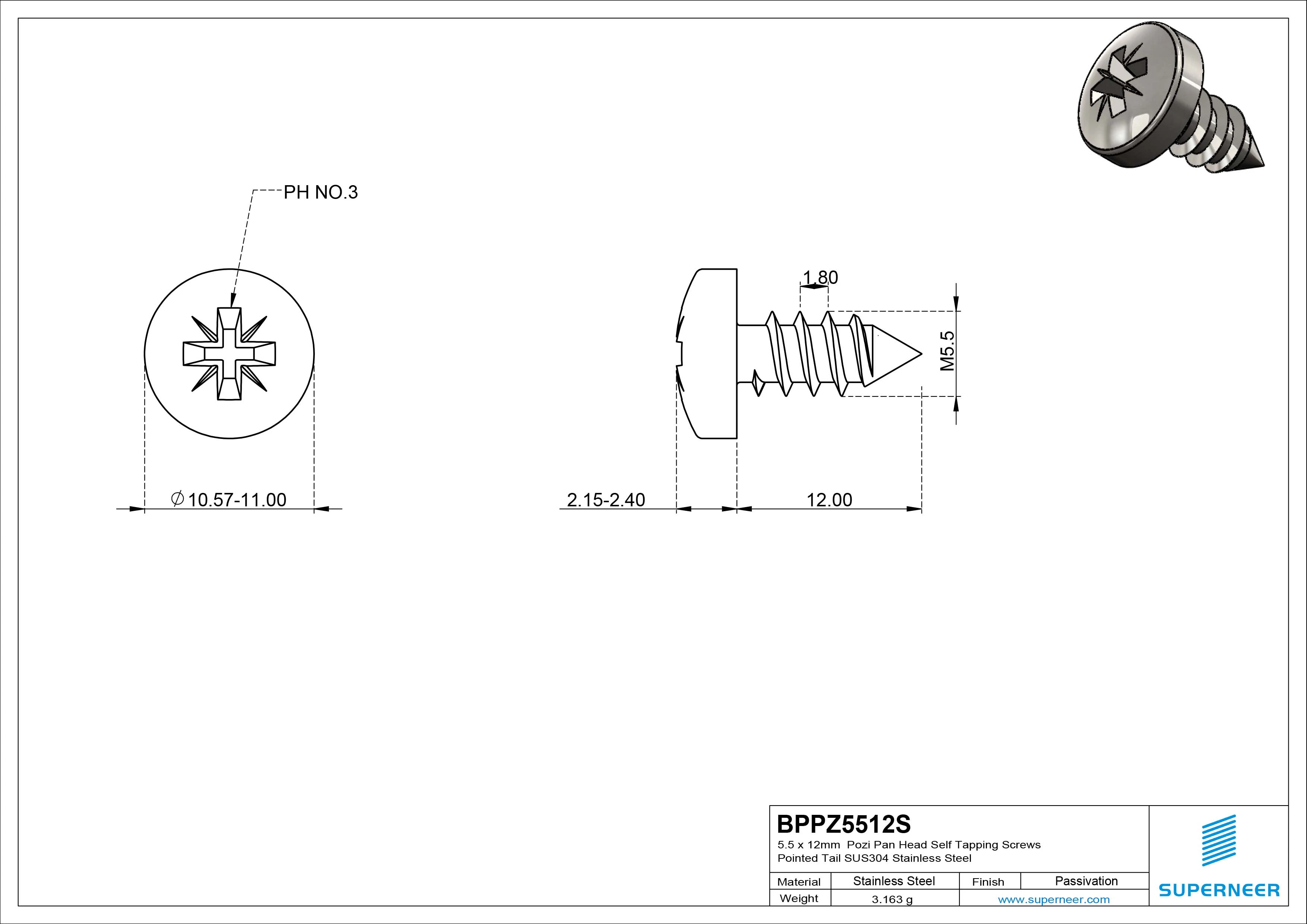 5.5 x 12mm Pozi Pan Head Self Tapping Screws Pointed Tail SUS304 Stainless Steel