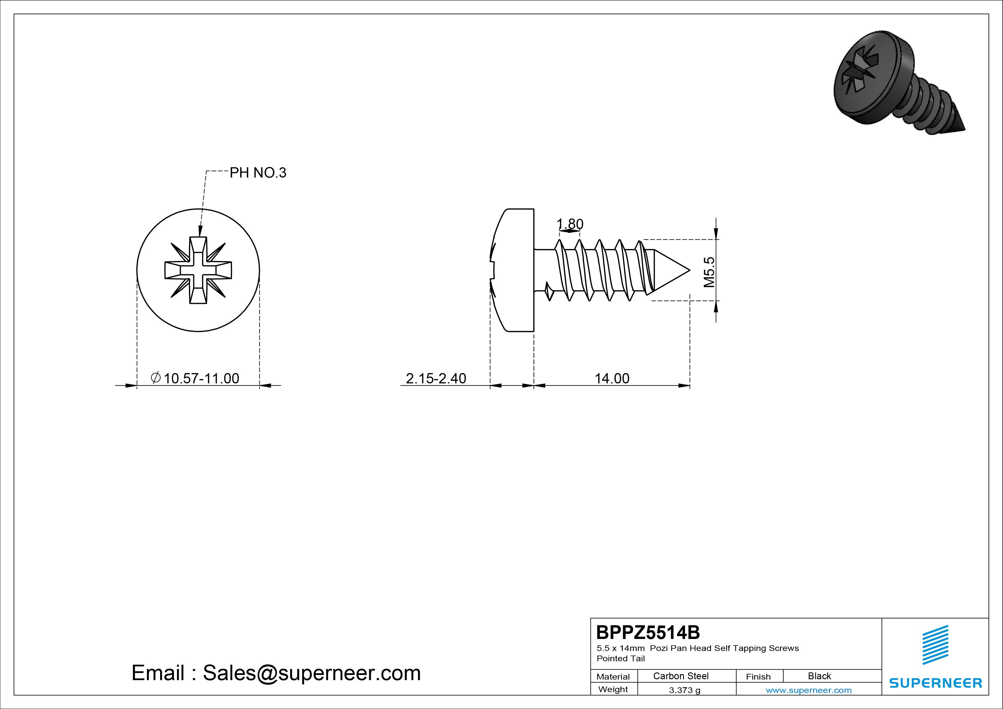 5.5 x 14mm Pozi Pan Head Self Tapping Screws Pointed Tail Steel Black Zinc Plated