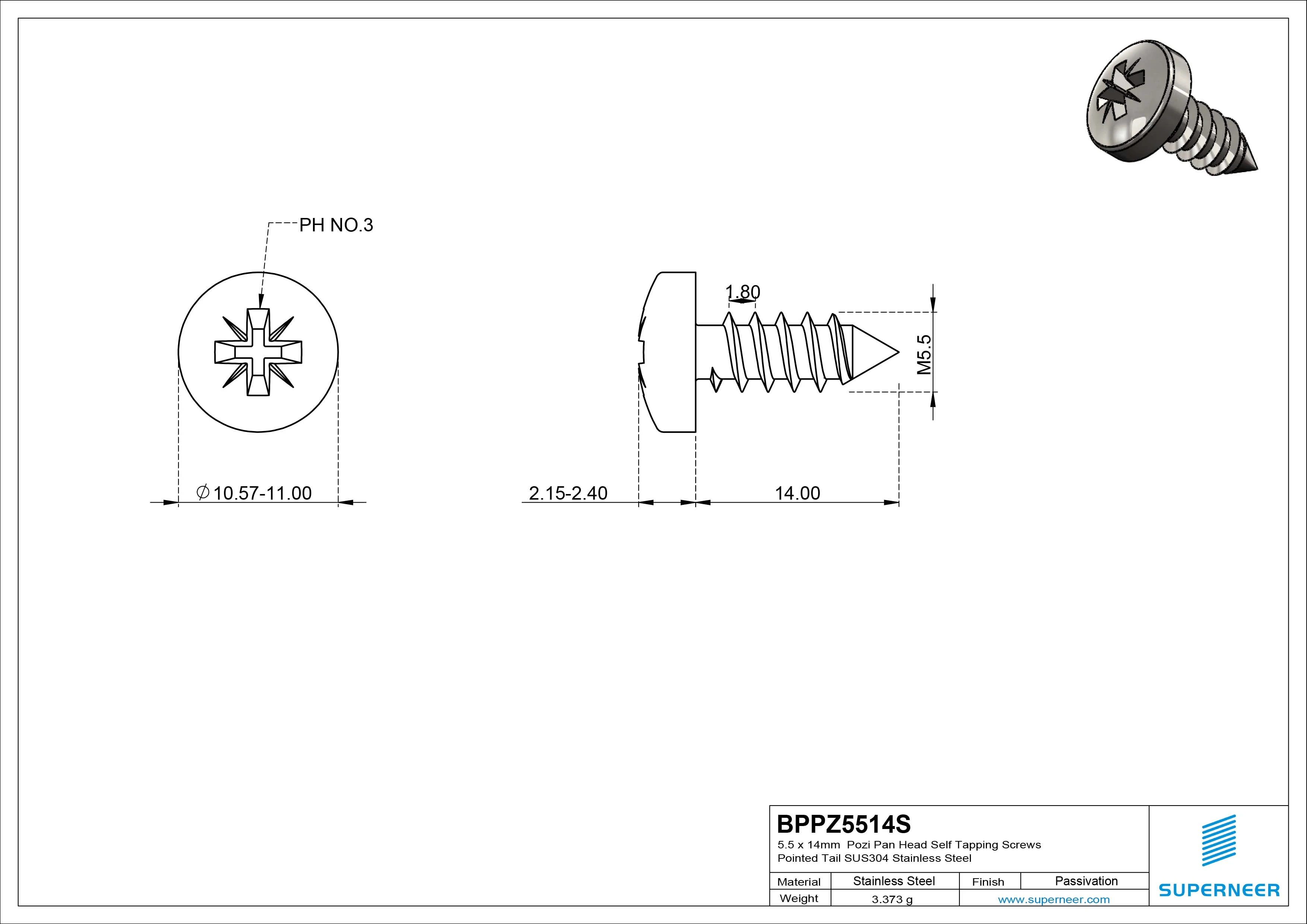 5.5 x 14mm Pozi Pan Head Self Tapping Screws Pointed Tail SUS304 Stainless Steel