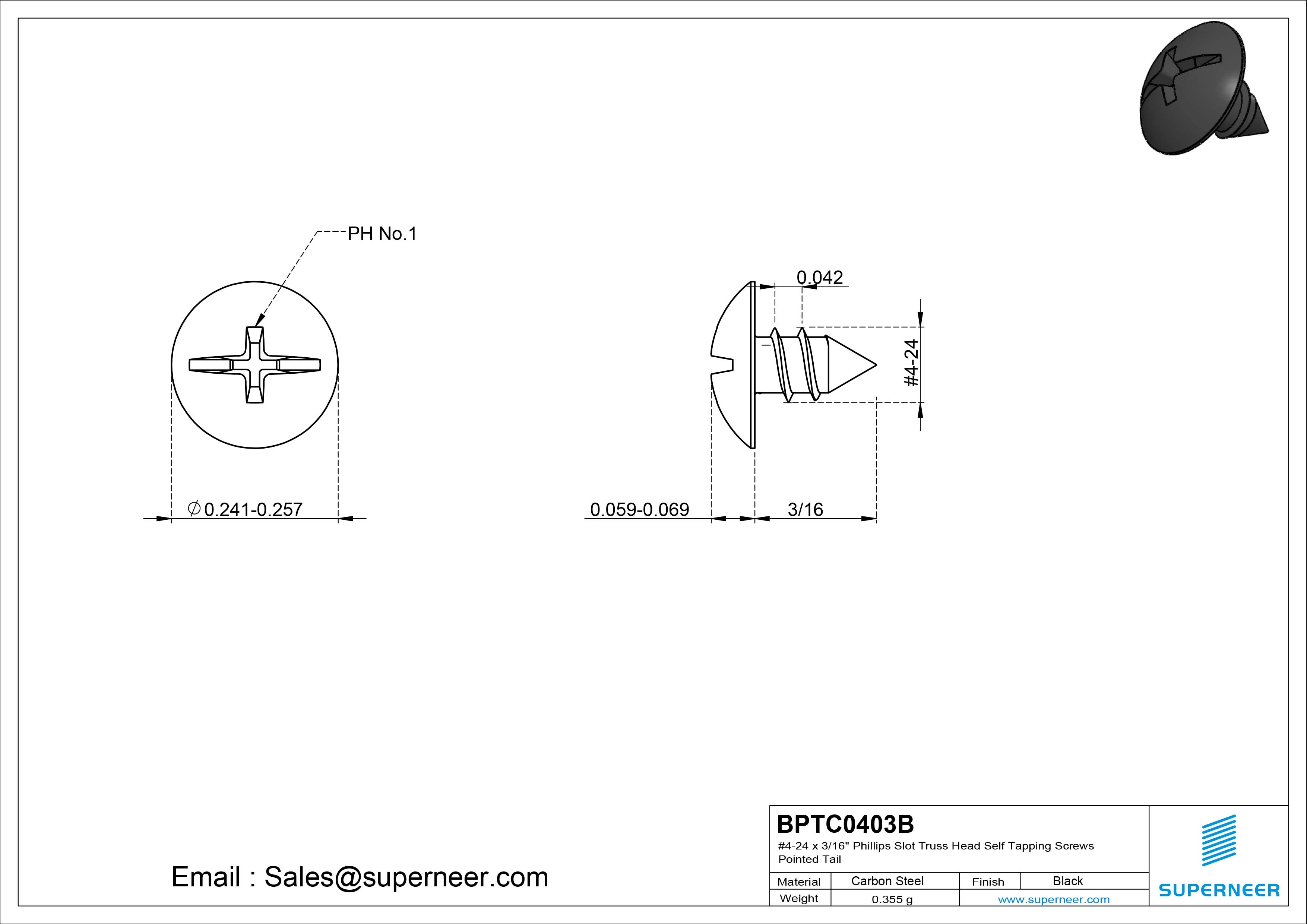 #4-24 x 3/16" Phillips Slot Truss Head Self Tapping Screws Pointed Tail Steel Black Zinc Plated