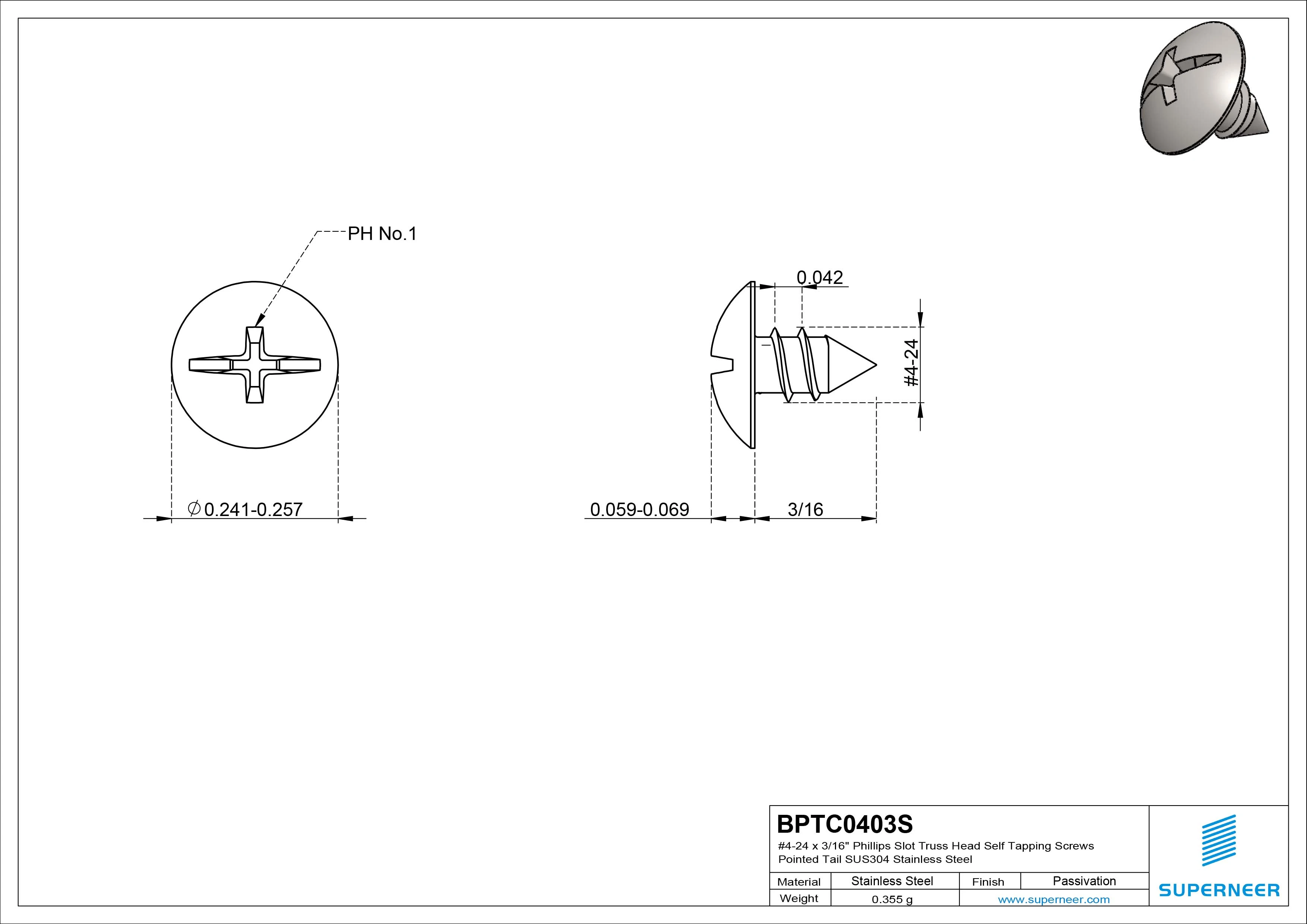 #4-24 x 3/16" Phillips Slot Truss Head Self Tapping Screws Pointed Tail SUS304 Stainless Steel