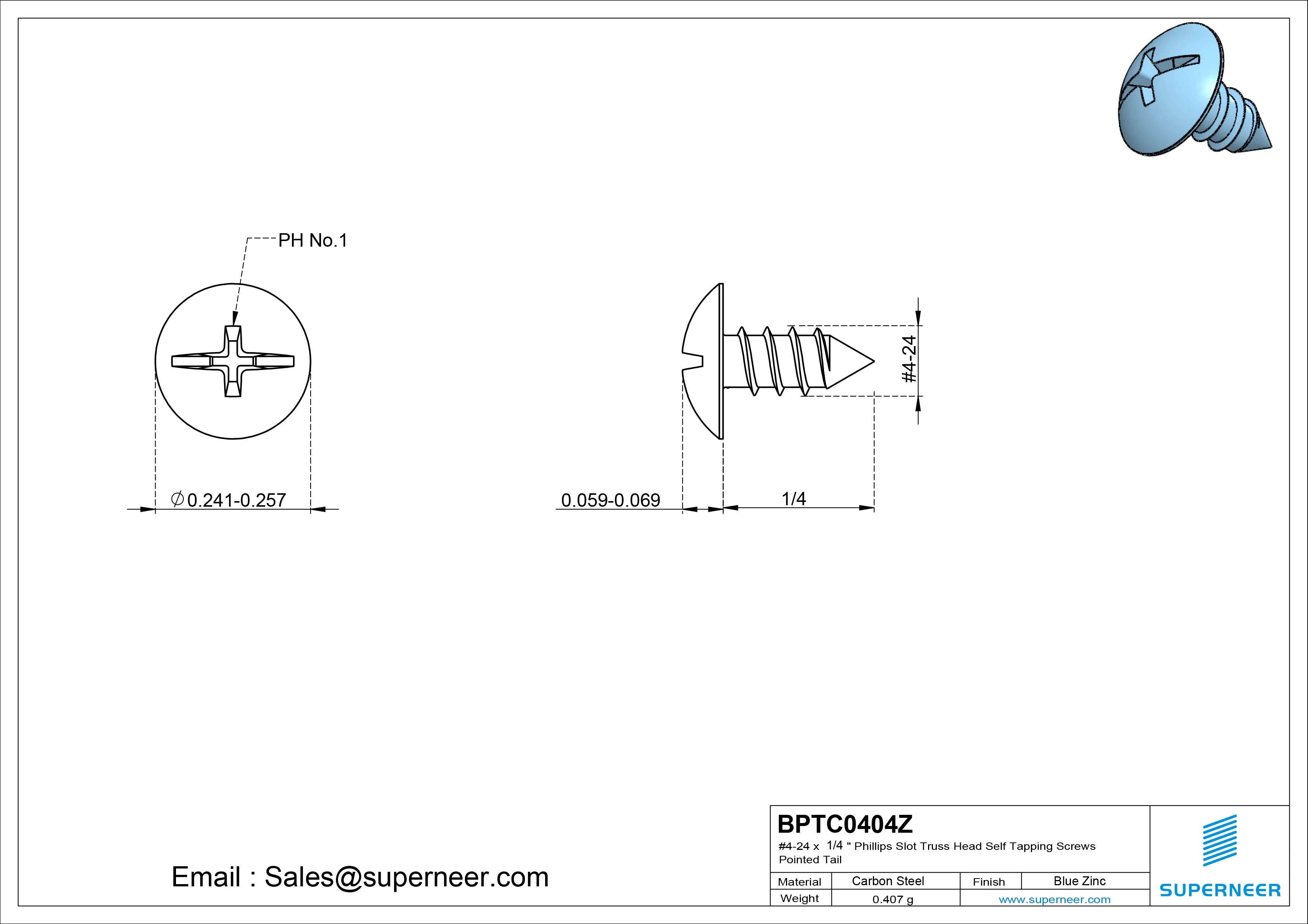 #4-24 x 1/4" Phillips Slot Truss Head Self Tapping Screws Pointed Tail Steel Blue Zinc Plated