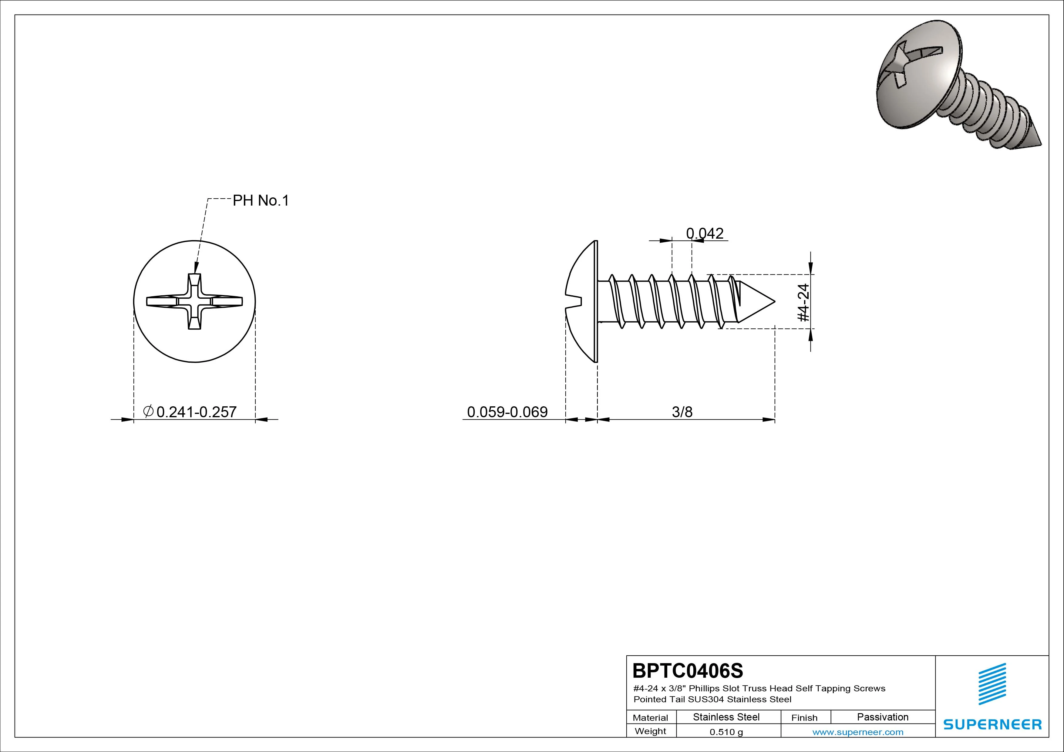 #4-24 x 3/8" Phillips Slot Truss Head Self Tapping Screws Pointed Tail SUS304 Stainless Steel