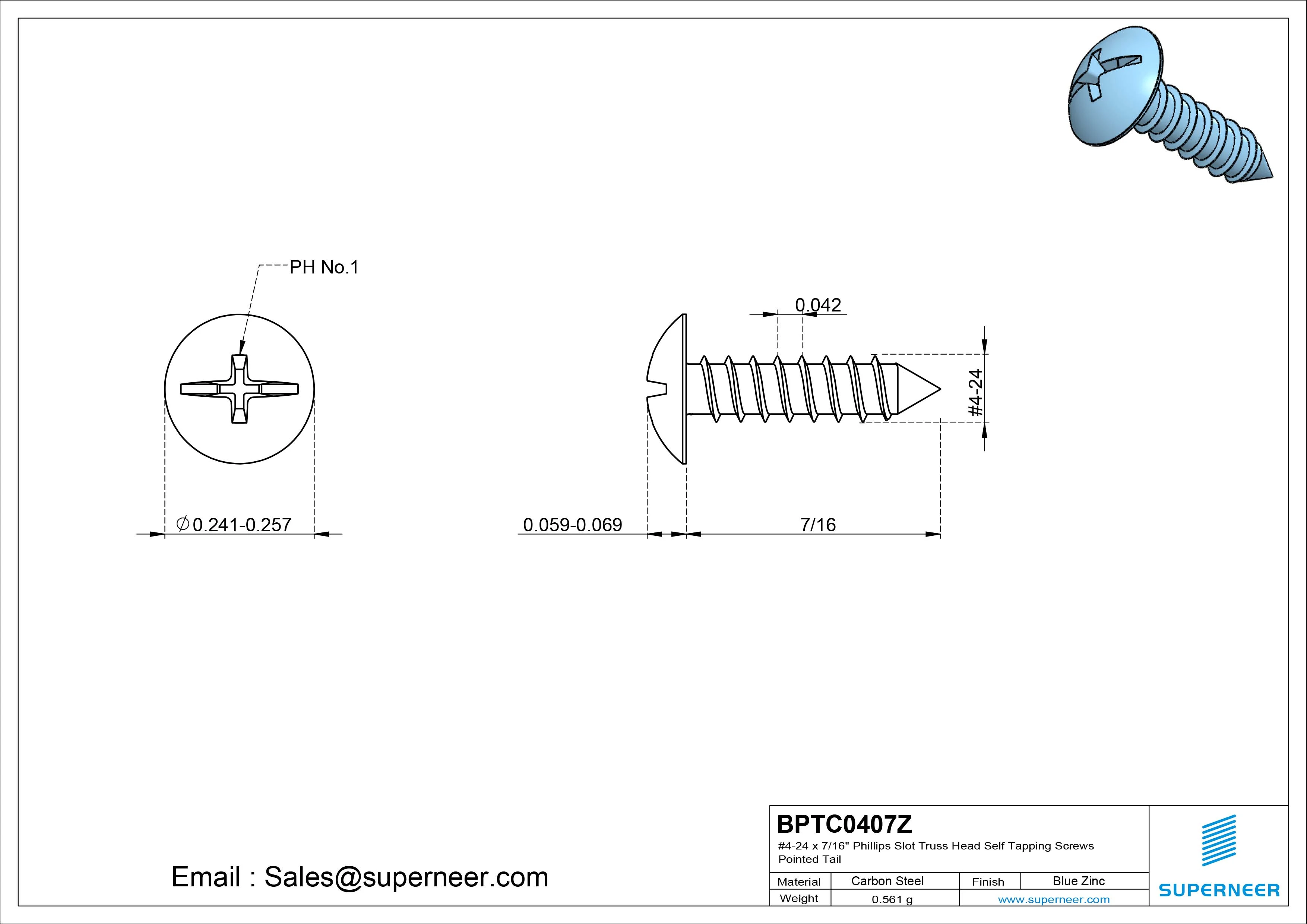 #4-24 x 7/16" Phillips Slot Truss Head Self Tapping Screws Pointed Tail Steel Blue Zinc Plated
