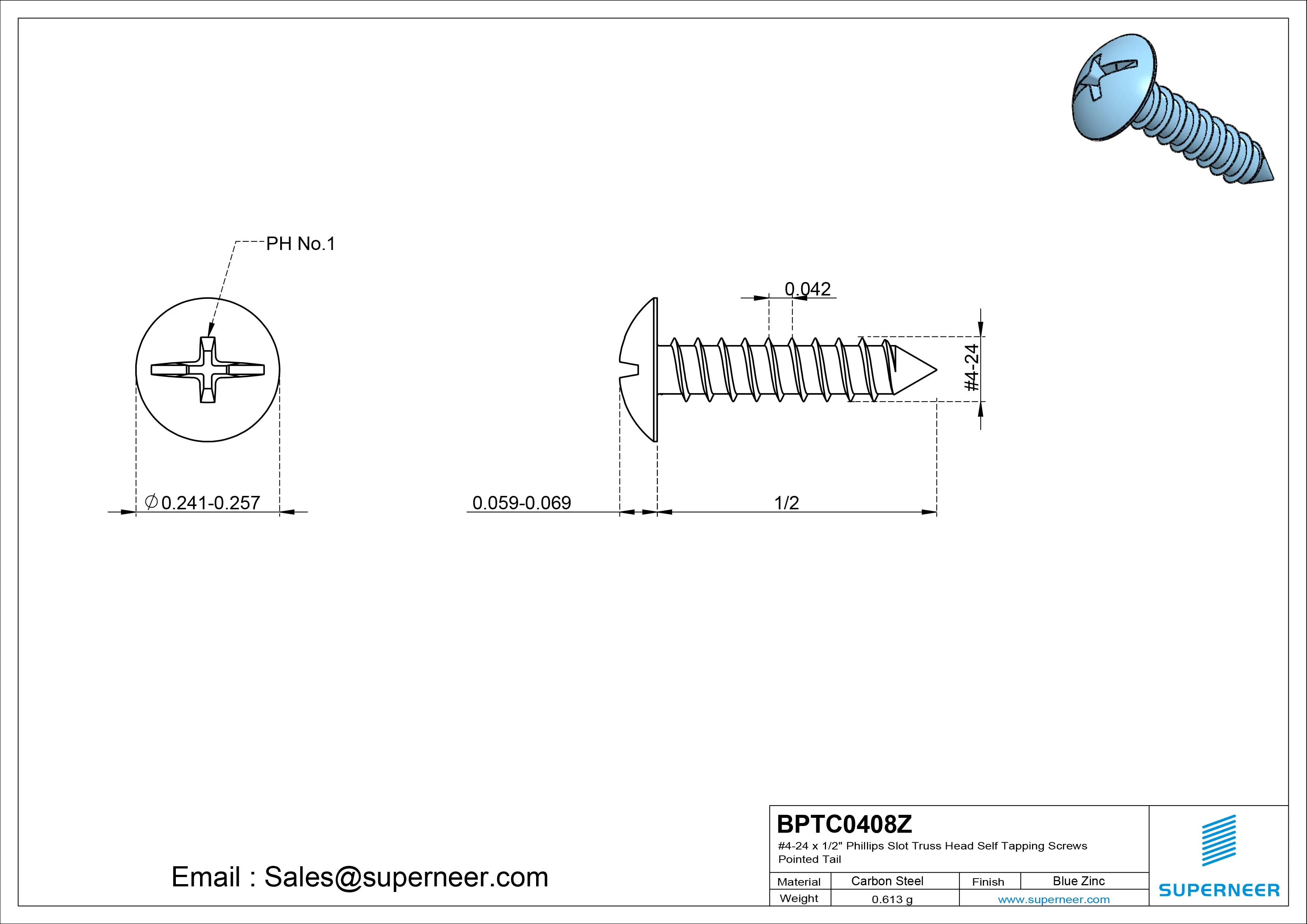 #4-24 x 1/2" Phillips Slot Truss Head Self Tapping Screws Pointed Tail Steel Blue Zinc Plated
