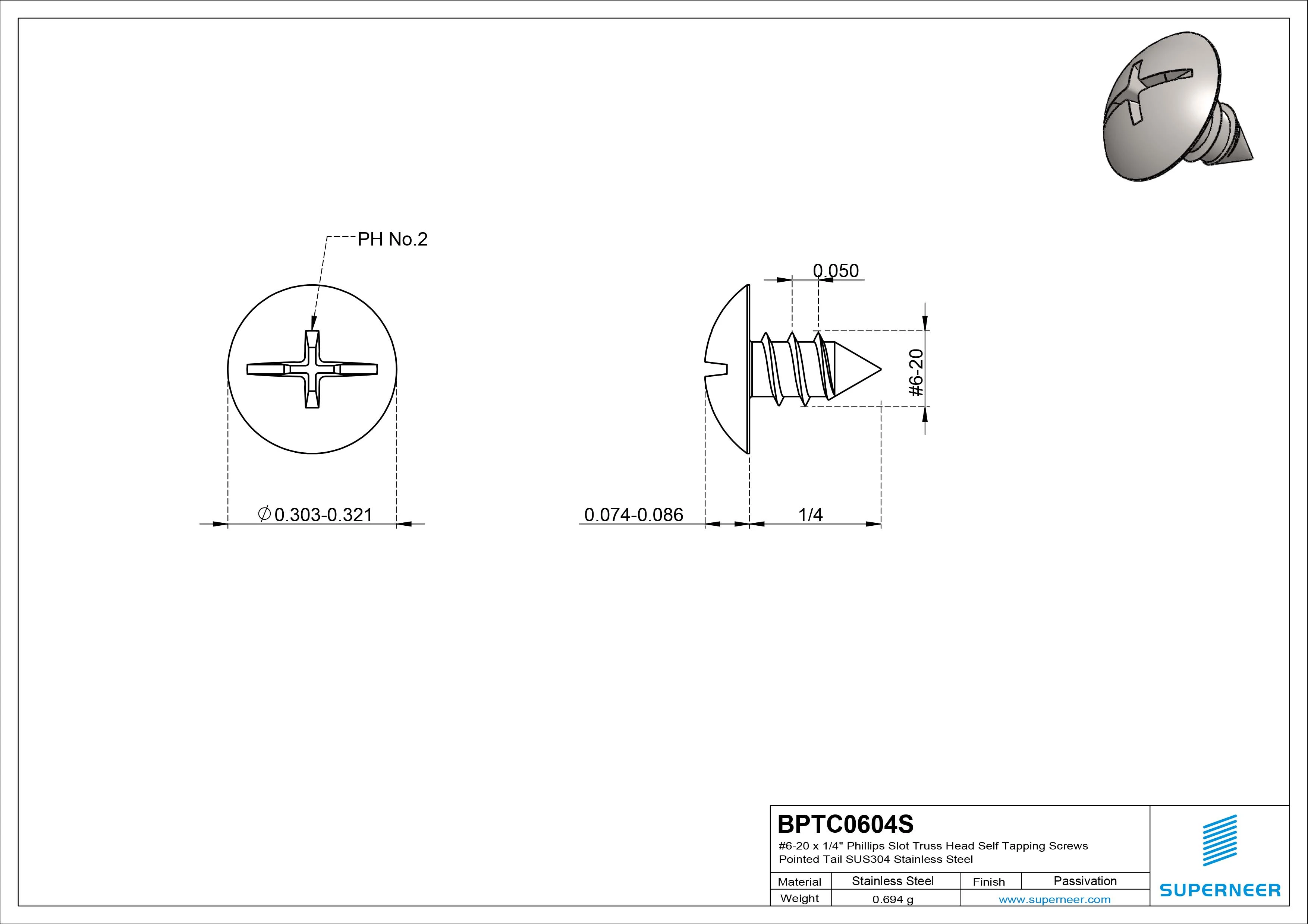 #6-20 x 1/4" Phillips Slot Truss Head Self Tapping Screws Pointed Tail SUS304 Stainless Steel