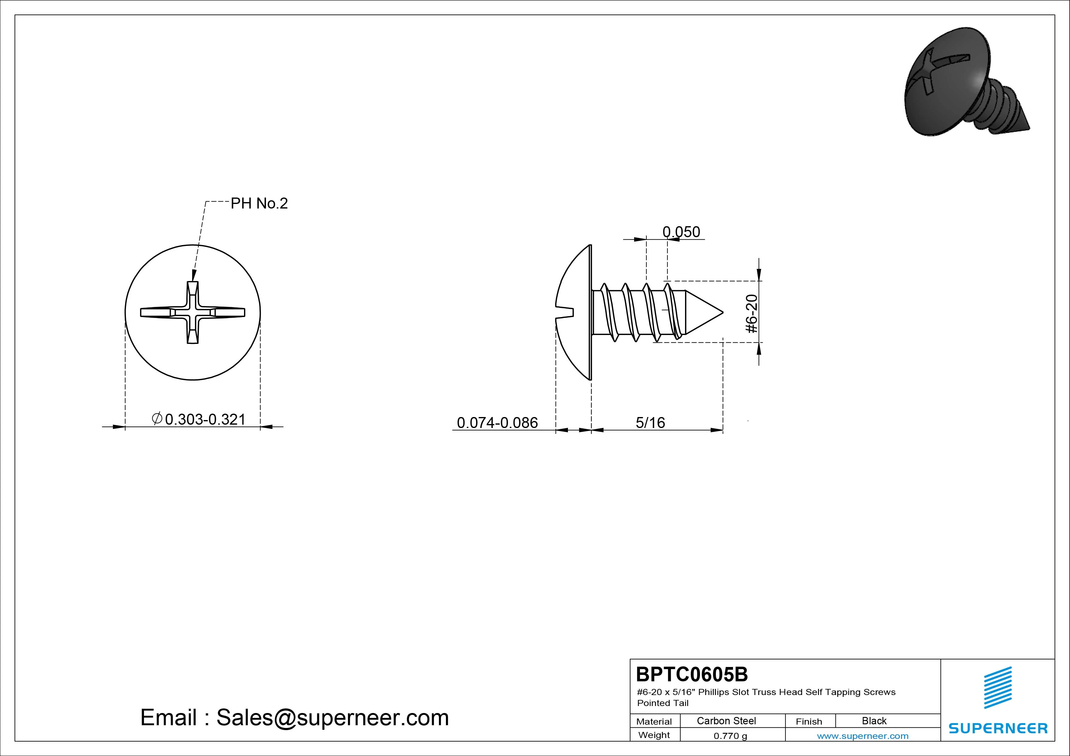#6-20 x 5/16" Phillips Slot Truss Head Self Tapping Screws Pointed Tail Steel Black Zinc Plated