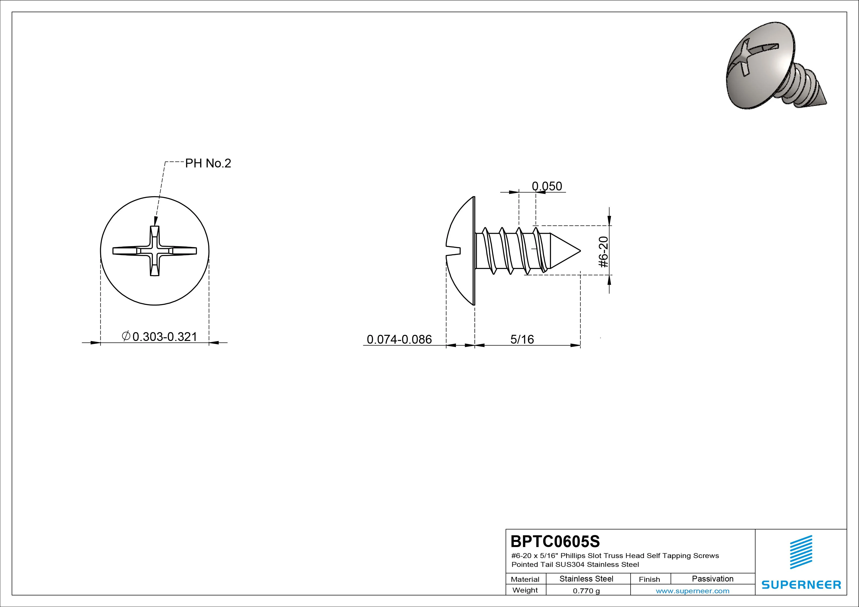 #6-20 x 5/16" Phillips Slot Truss Head Self Tapping Screws Pointed Tail SUS304 Stainless Steel