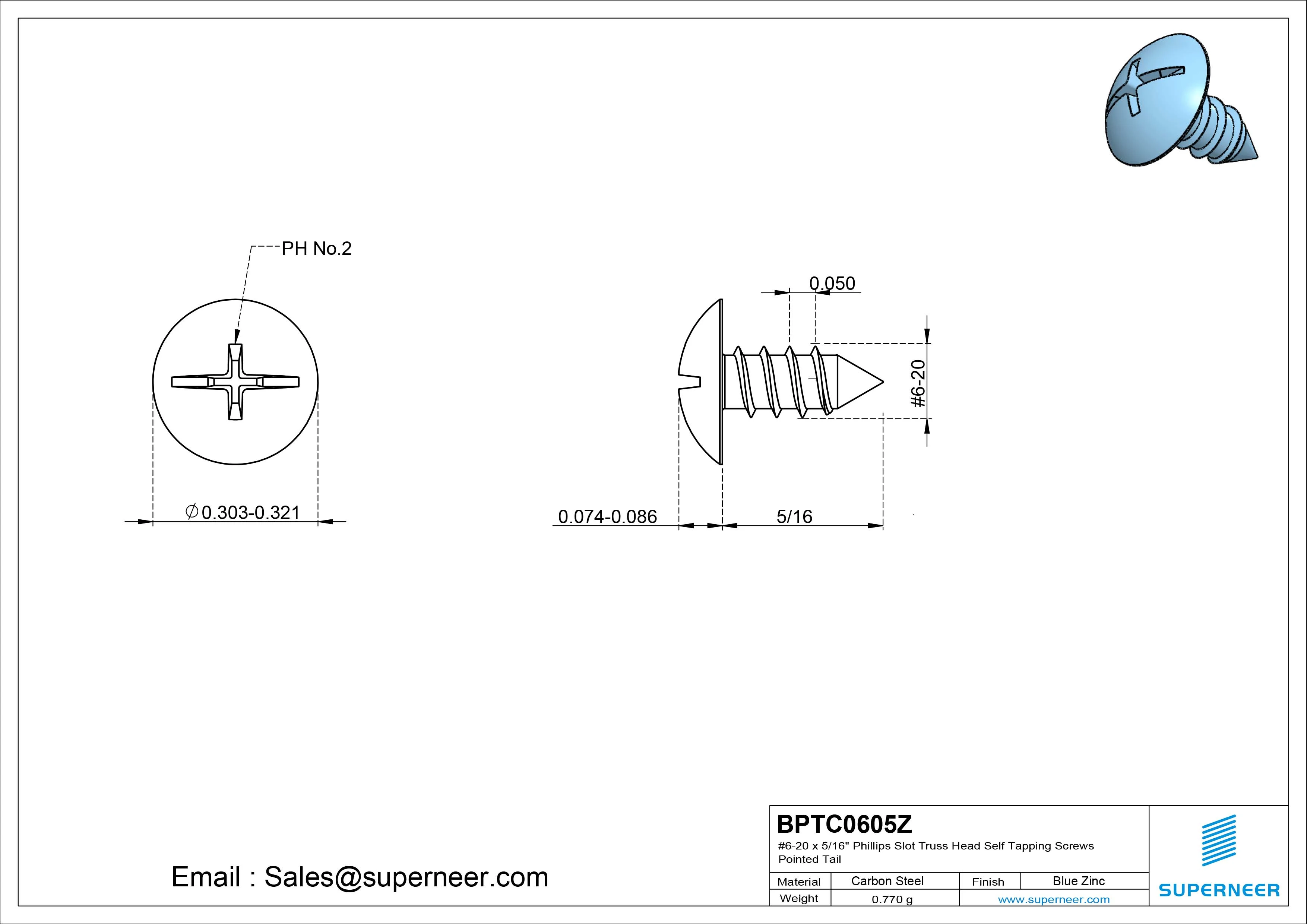 #6-20 x 5/16" Phillips Slot Truss Head Self Tapping Screws Pointed Tail Steel Blue Zinc Plated