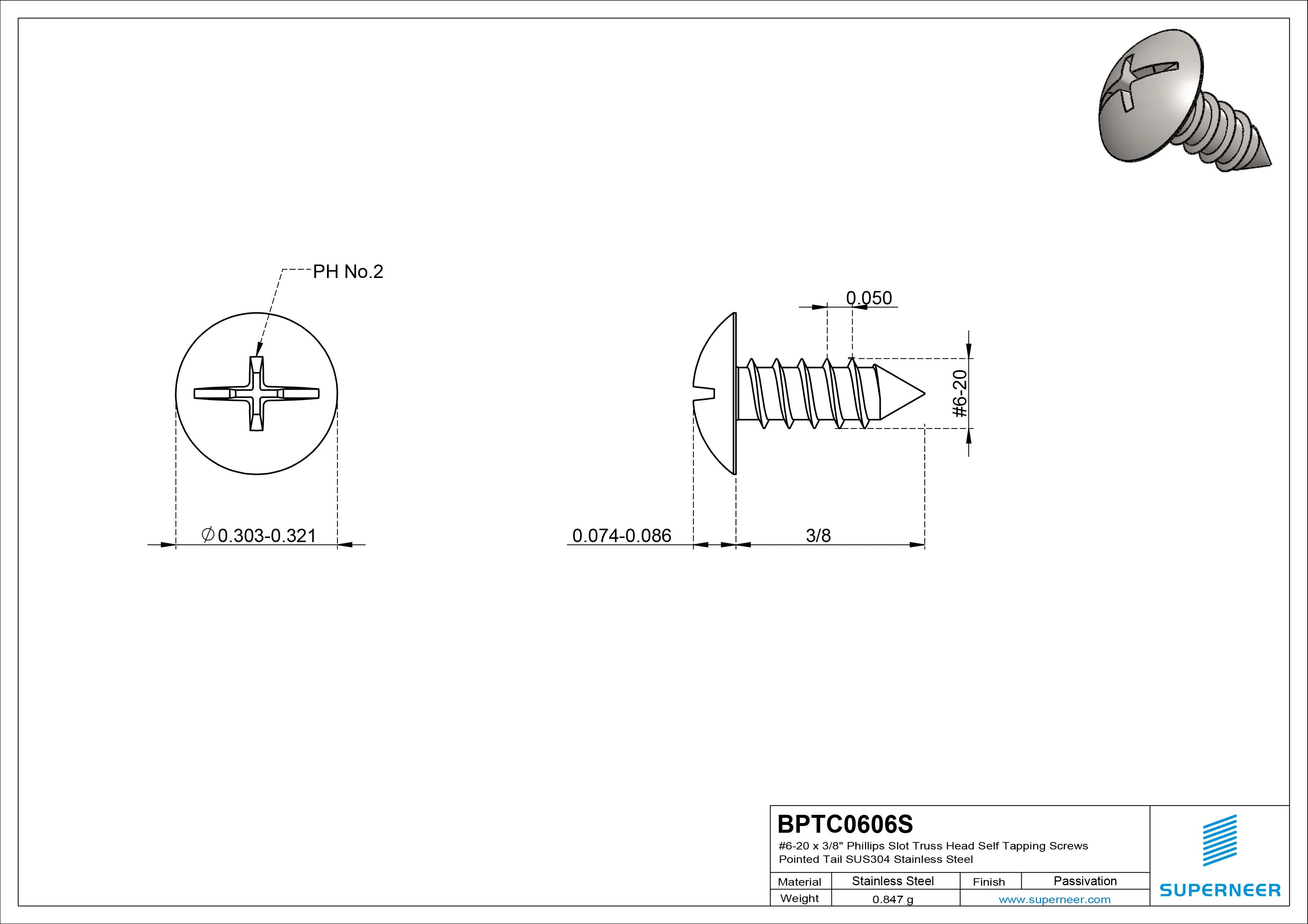 #6-20 x 3/8" Phillips Slot Truss Head Self Tapping Screws Pointed Tail SUS304 Stainless Steel