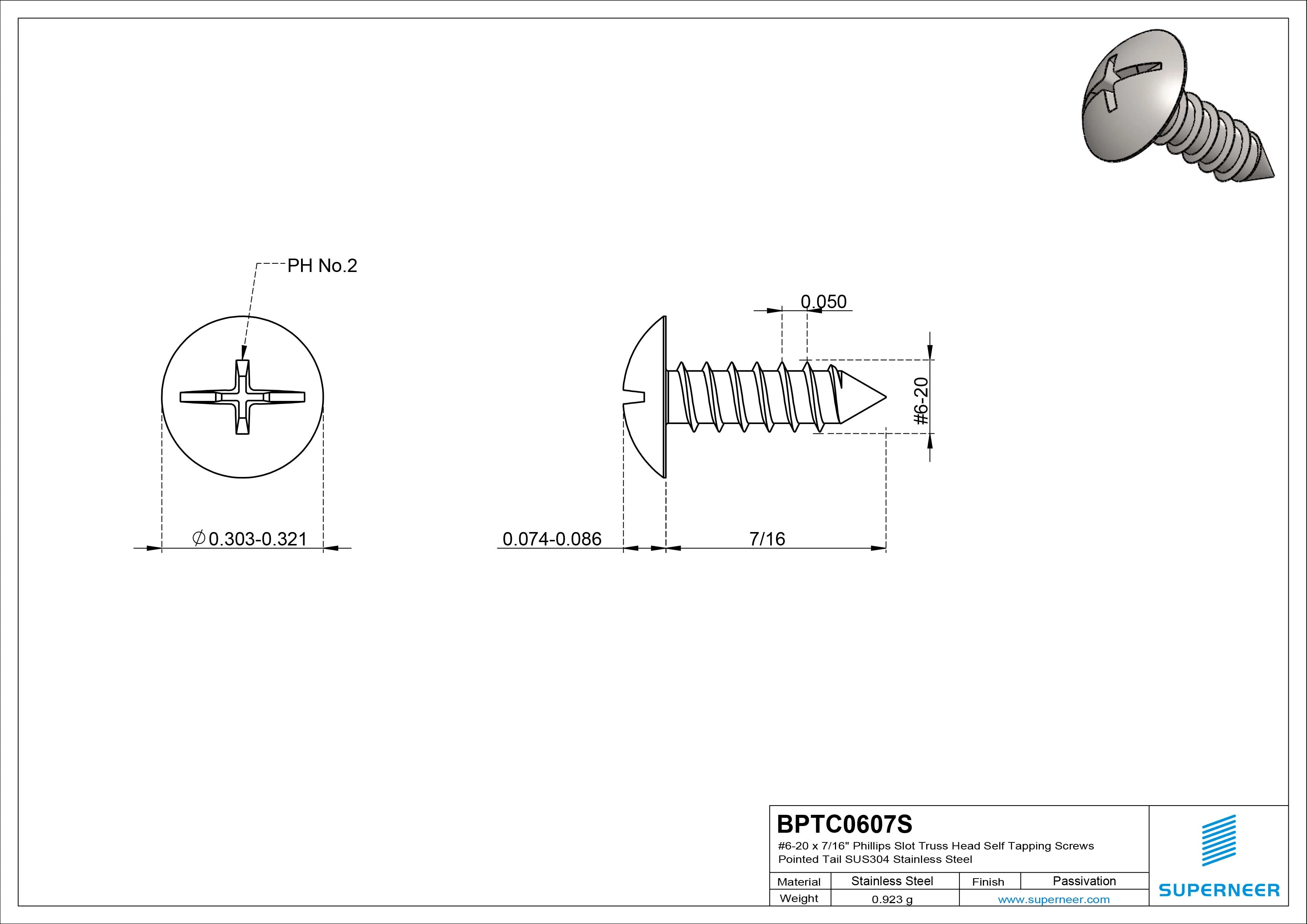 #6-20 x 7/16" Phillips Slot Truss Head Self Tapping Screws Pointed Tail SUS304 Stainless Steel