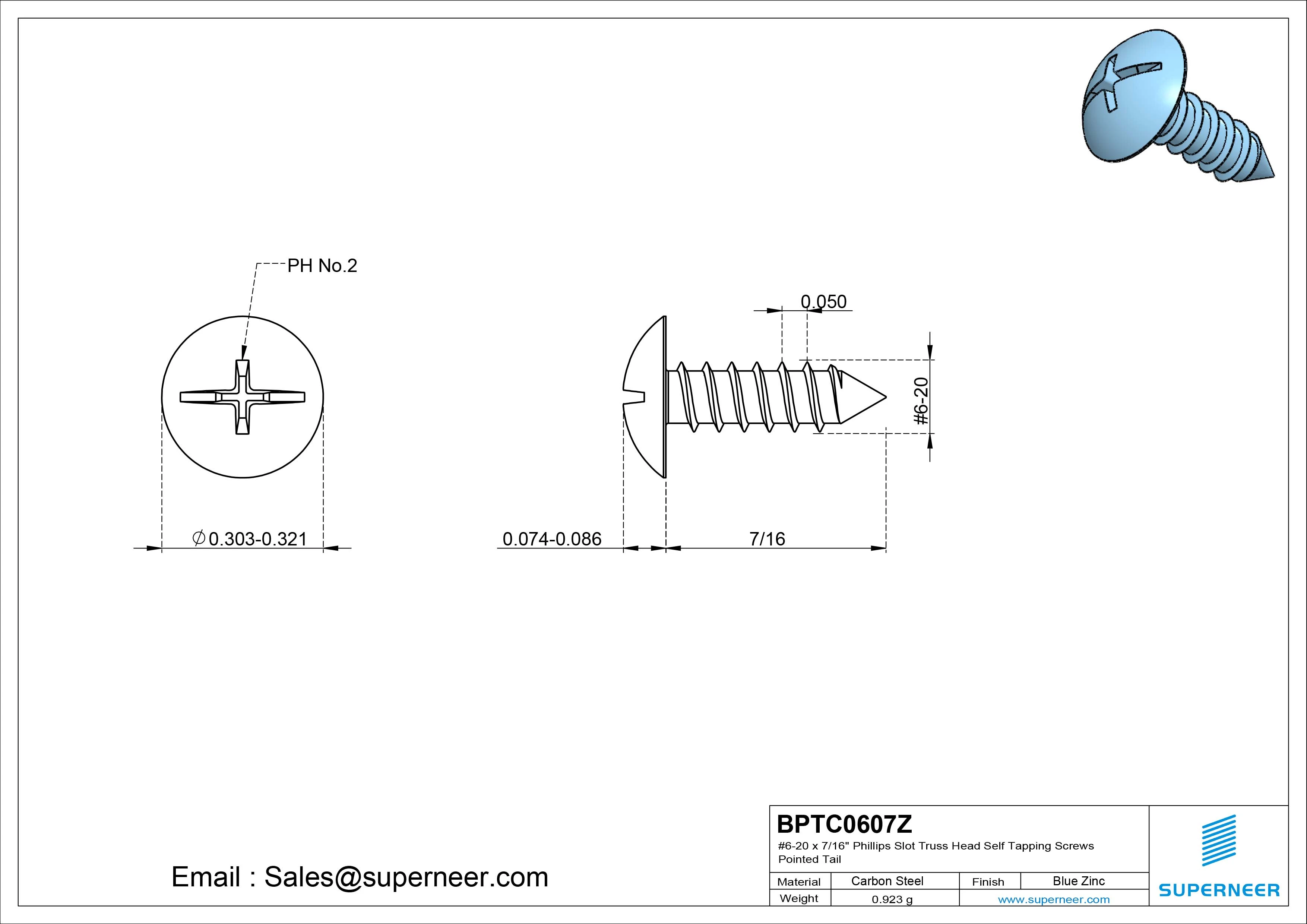 #6-20 x 7/16" Phillips Slot Truss Head Self Tapping Screws Pointed Tail Steel Blue Zinc Plated